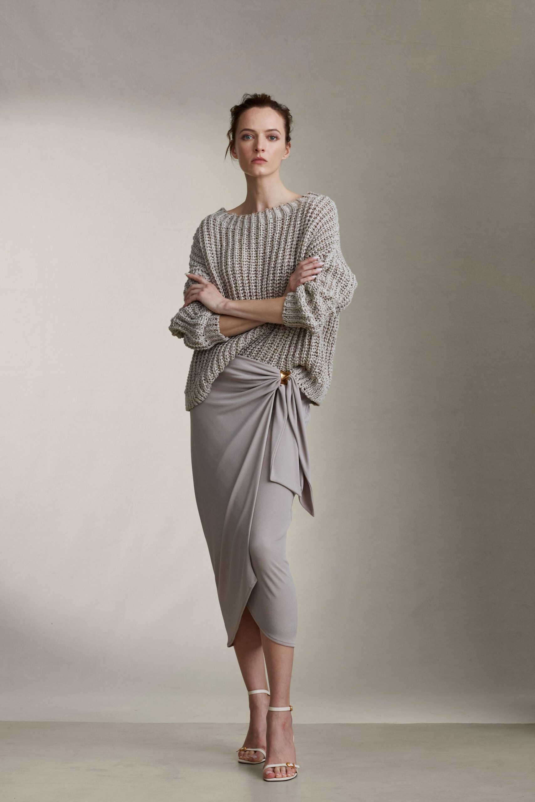 gray knit sweater beige midi skirt