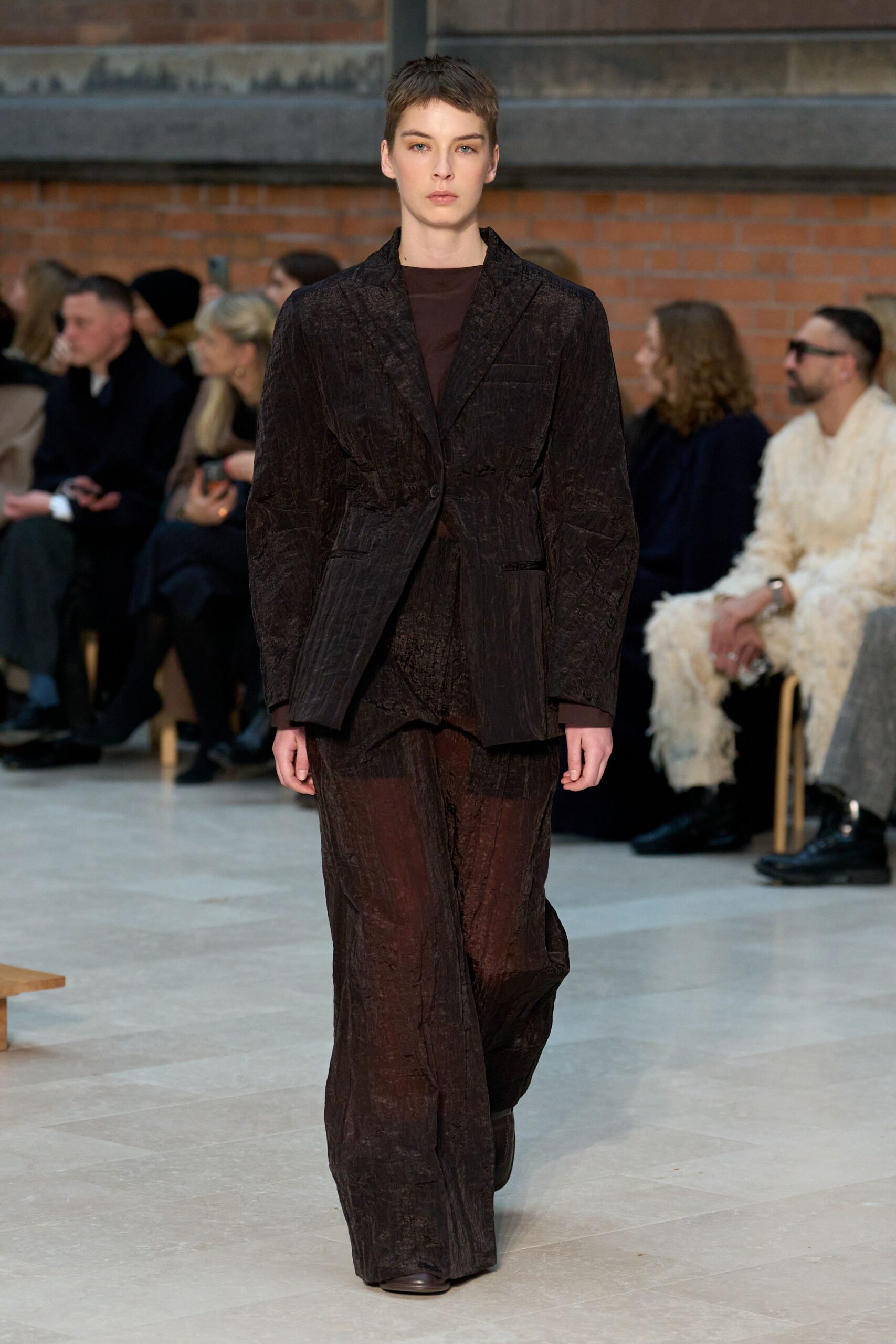 brown cotton long-sleeve collared structured textured blazer