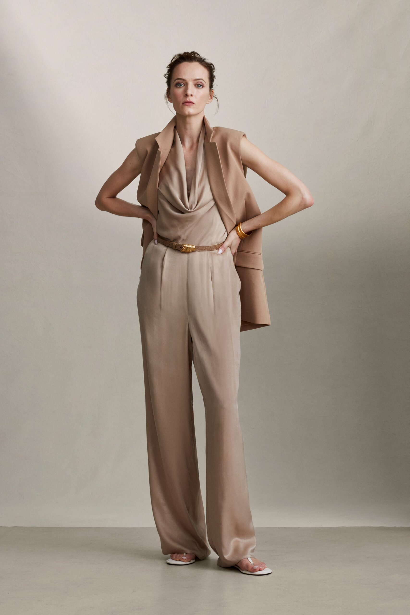 beige silk collared structured blazer