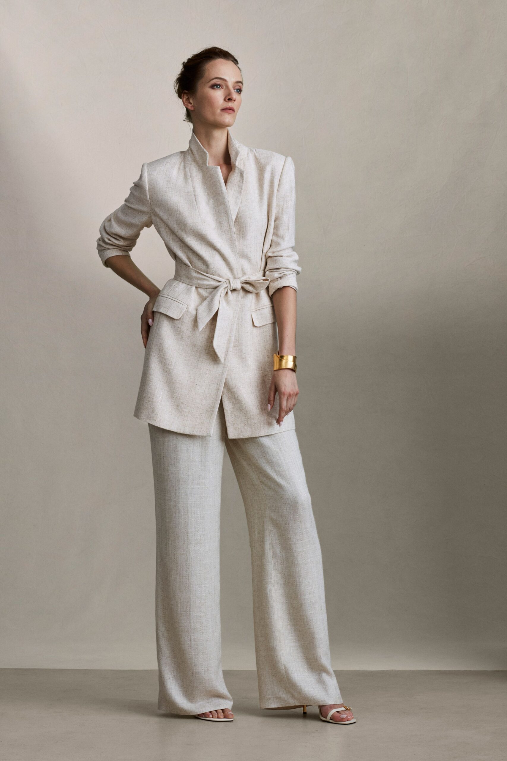beige tailored blazer with wide-leg pants