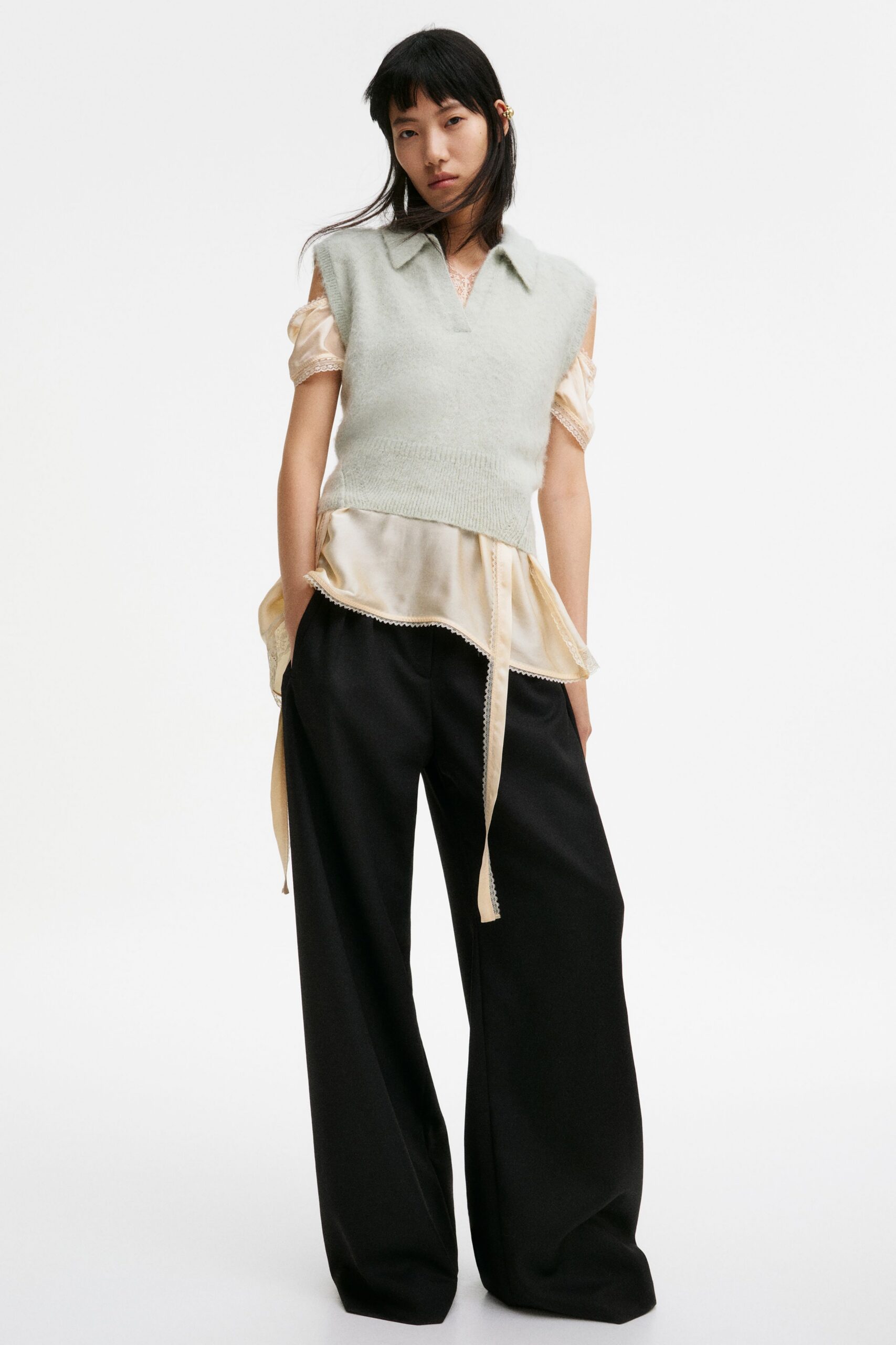 beige silk sleeveless collared relaxed layered blouse