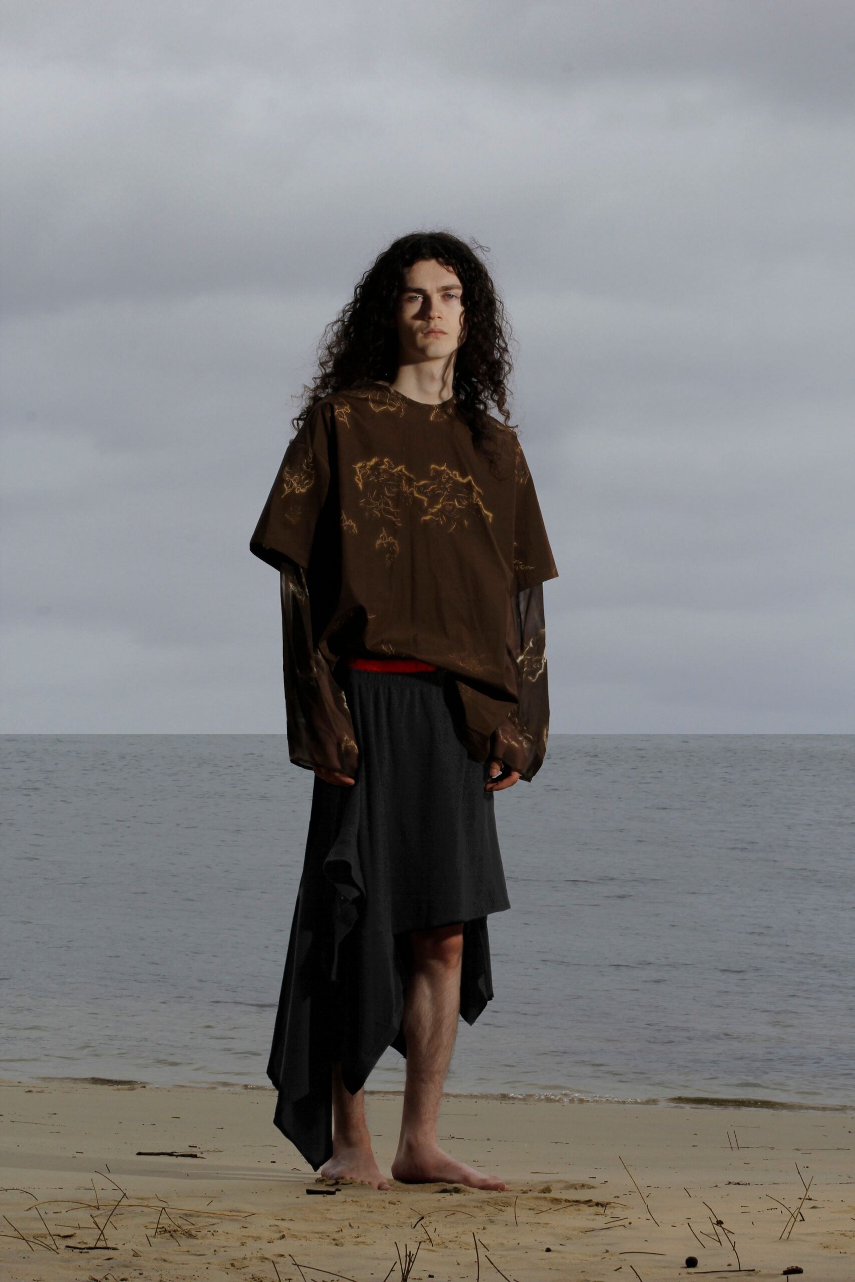 brown cotton short-sleeve collared relaxed printed top