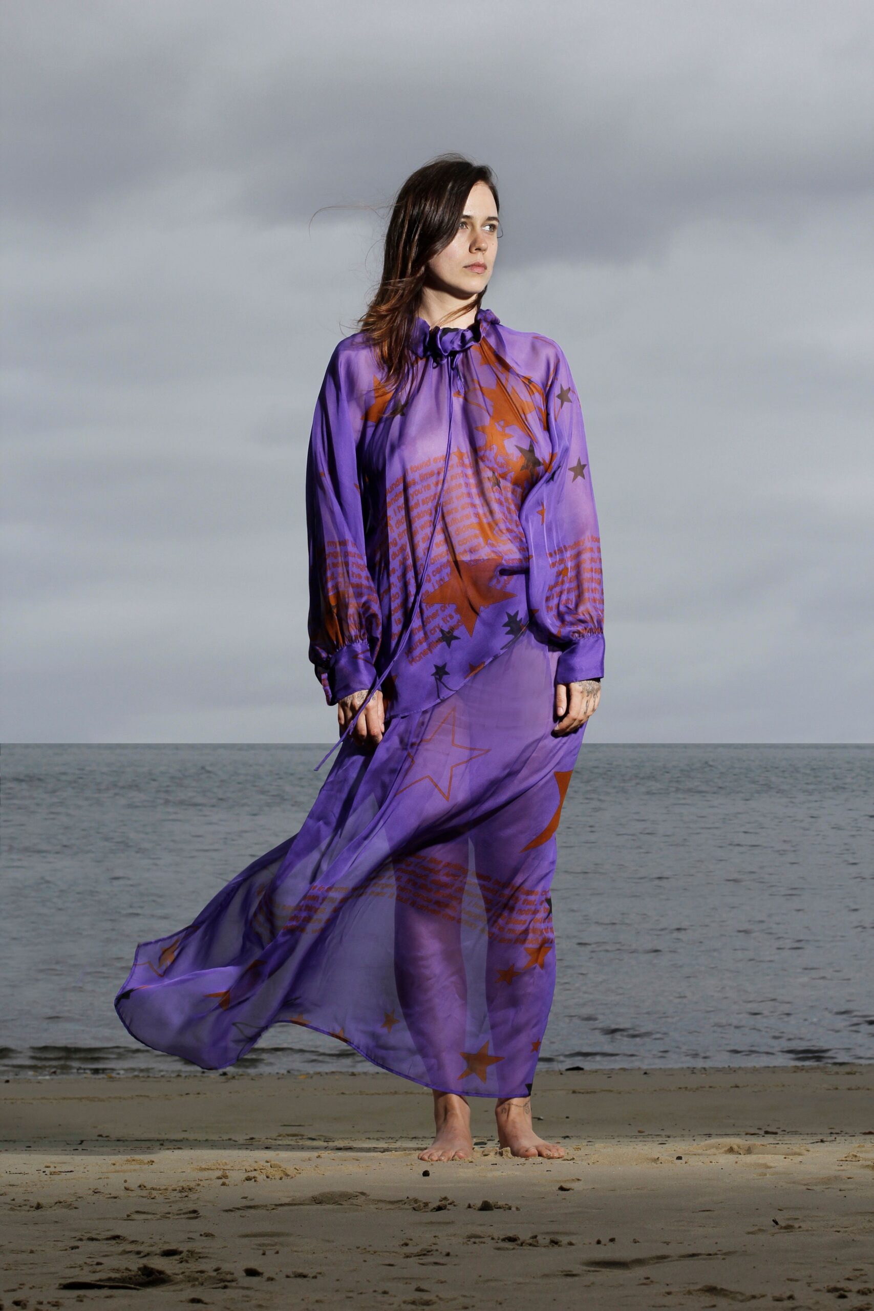 purple chiffon printed maxi dress
