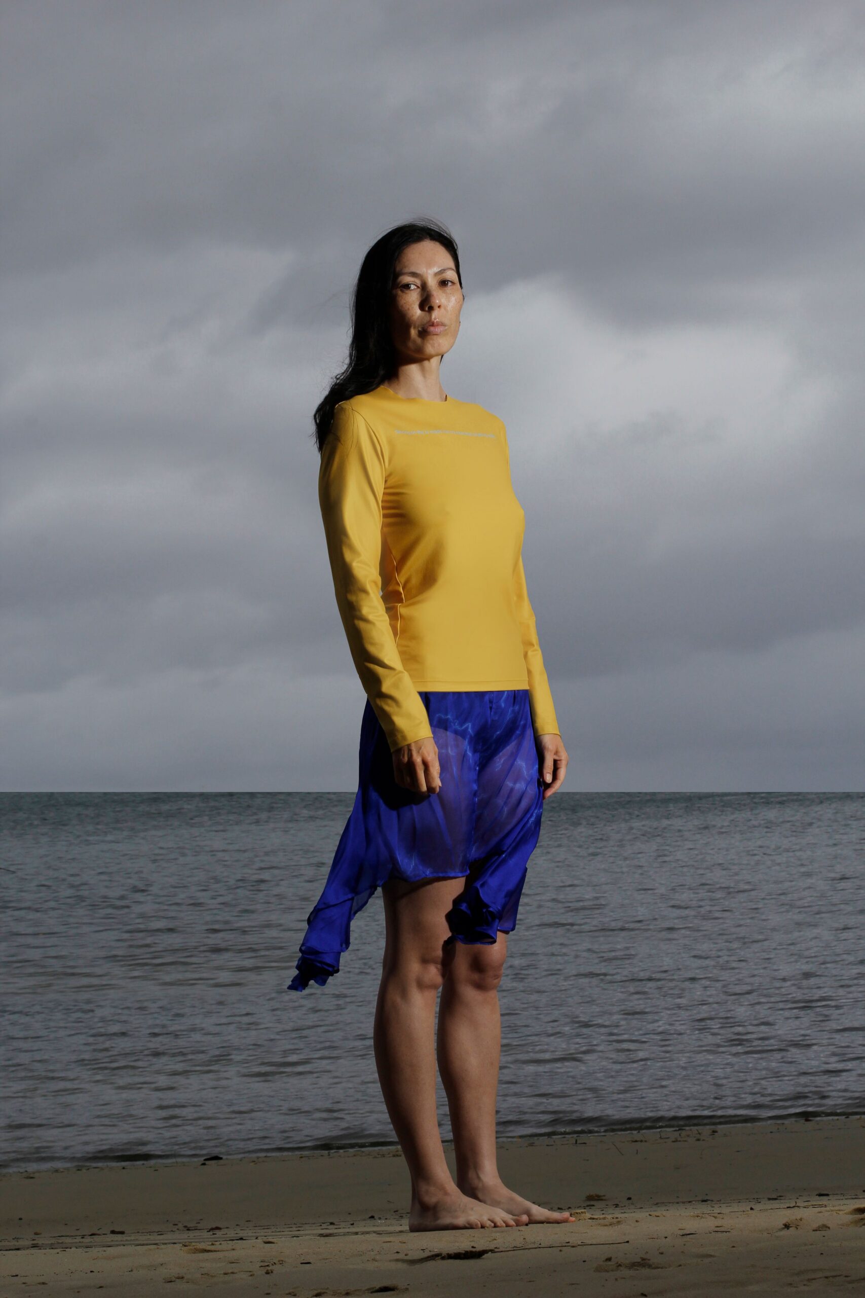 yellow cotton long-sleeve high-neck fitted top