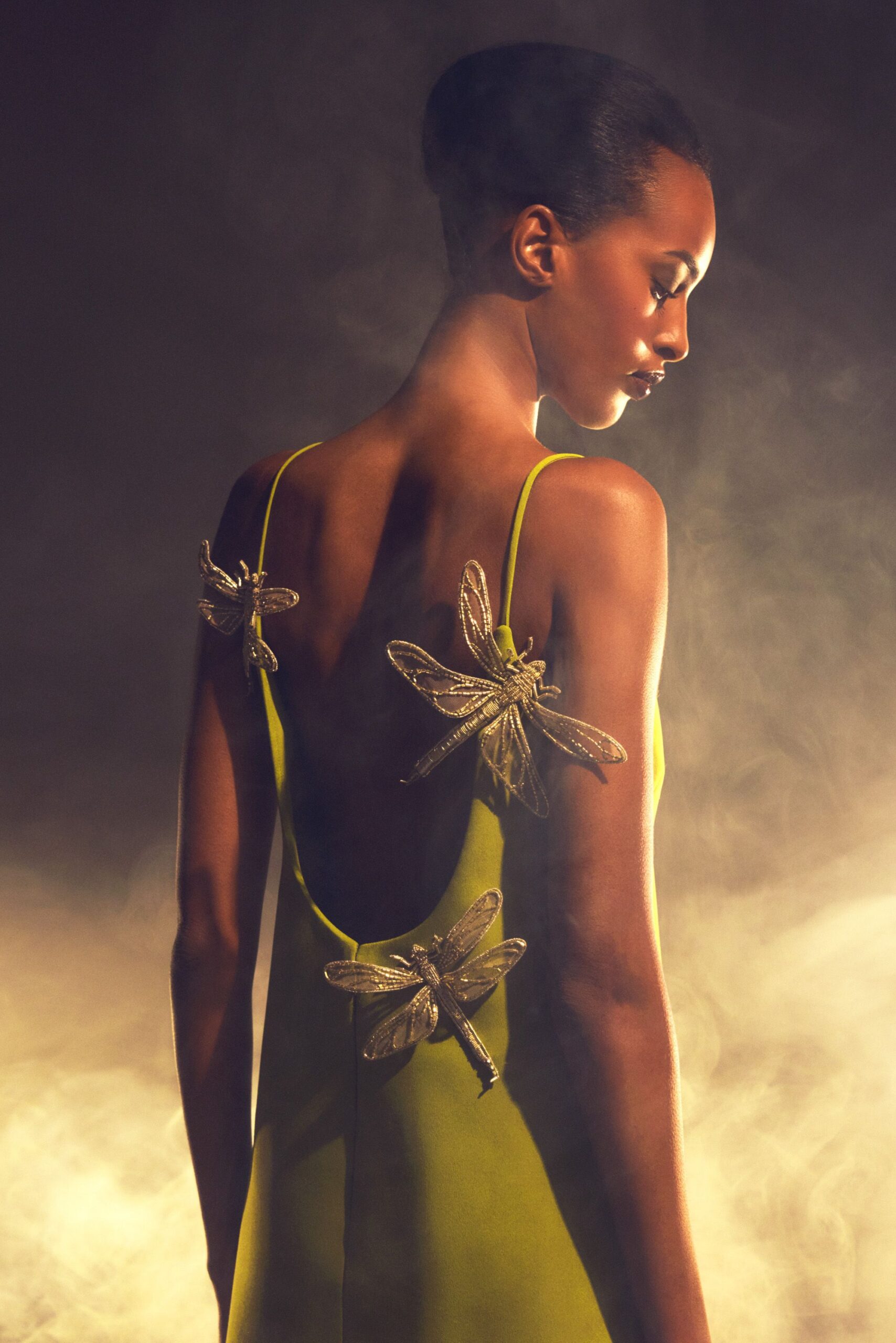 fitted green silk gown