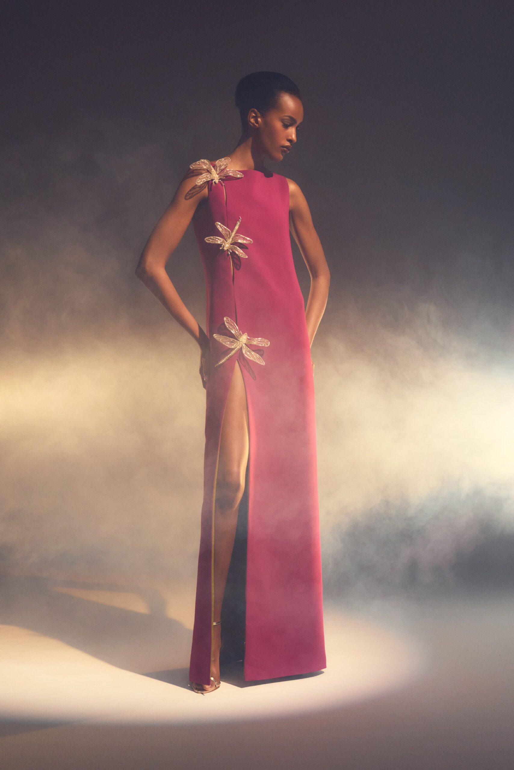 fitted pink silk gown
