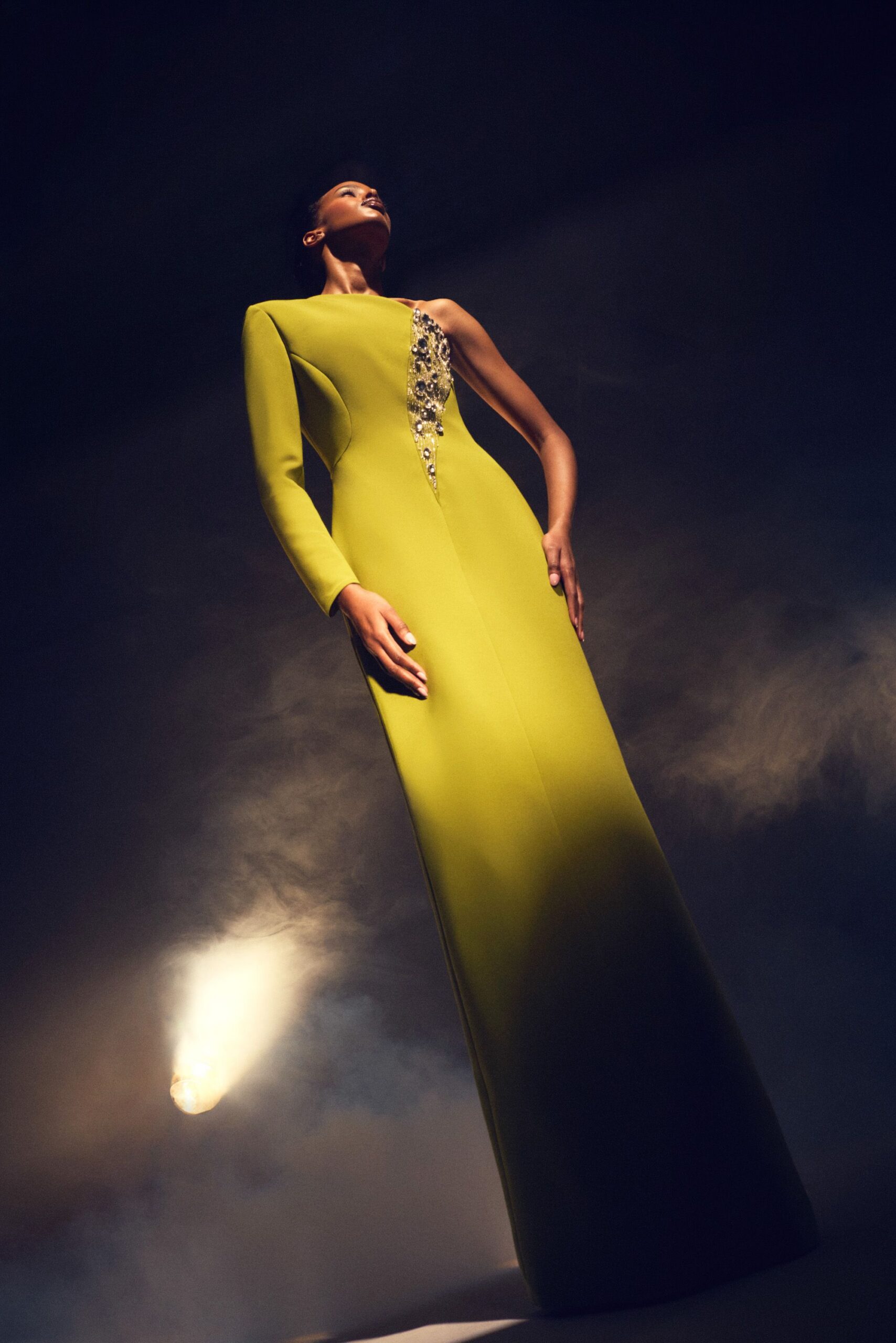 green embellished long-sleeve gown