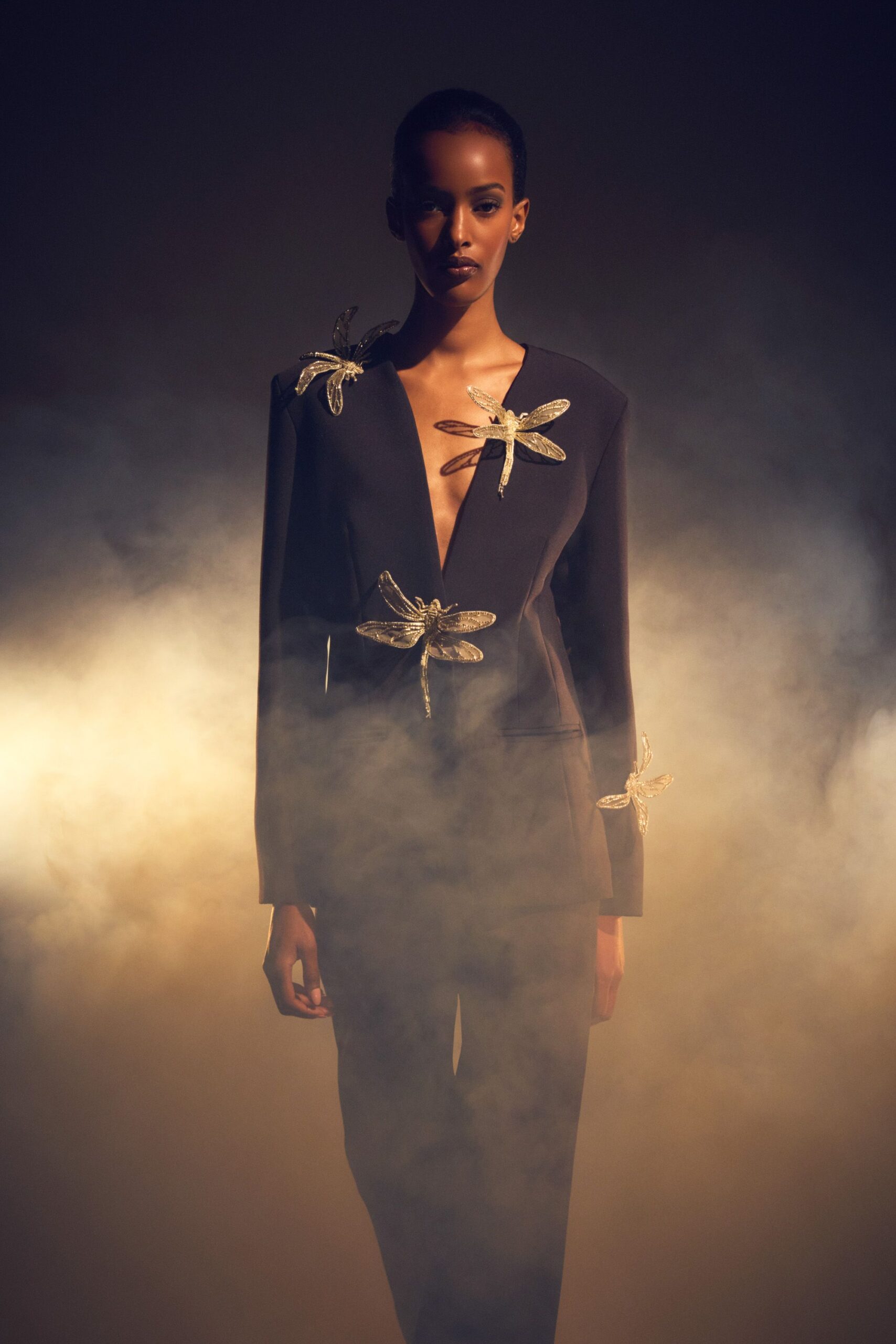 black wool long-sleeve v-neck structured embroidered blazer