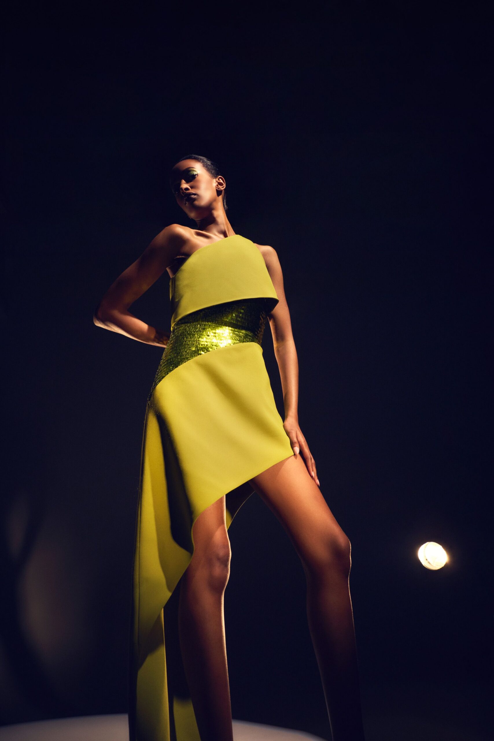 fitted asymmetric yellow dress