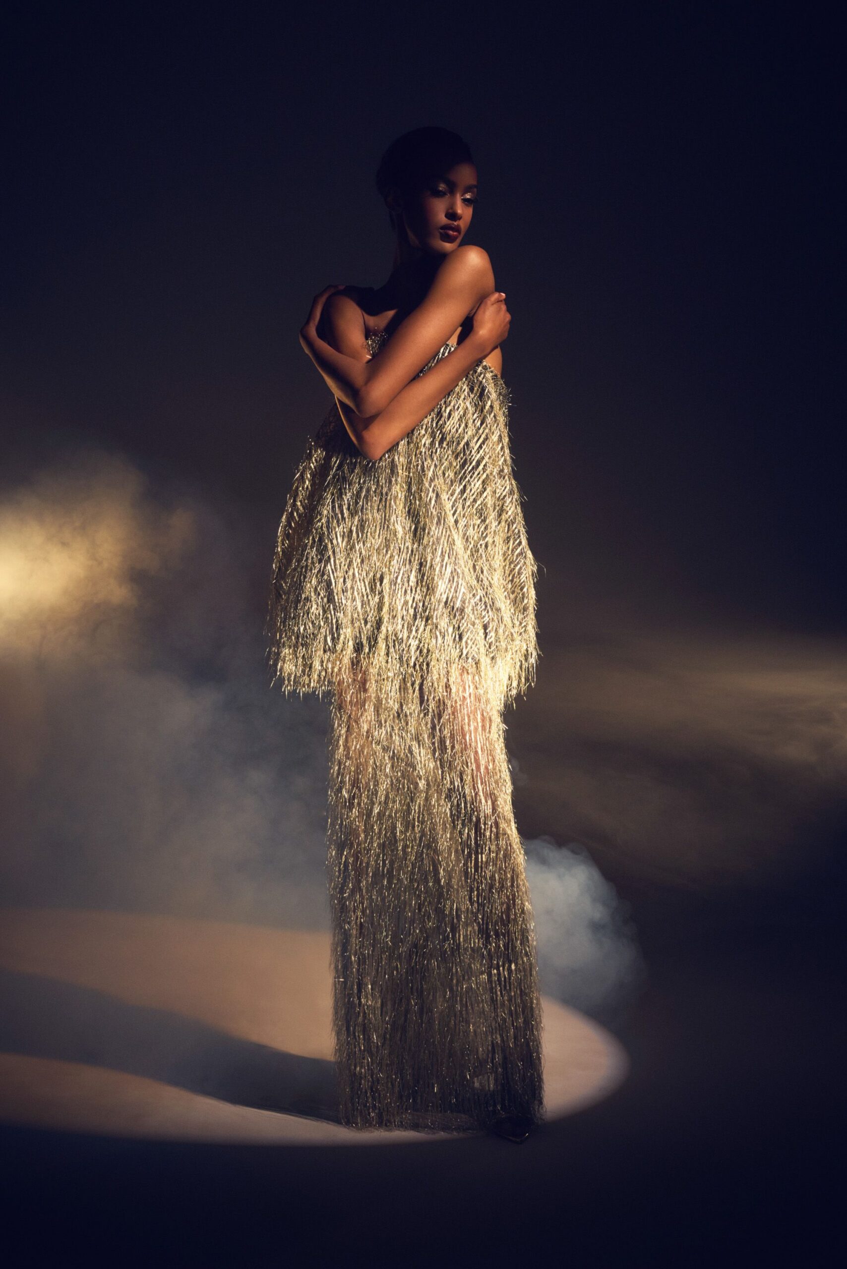 gold fringed sleeveless gown