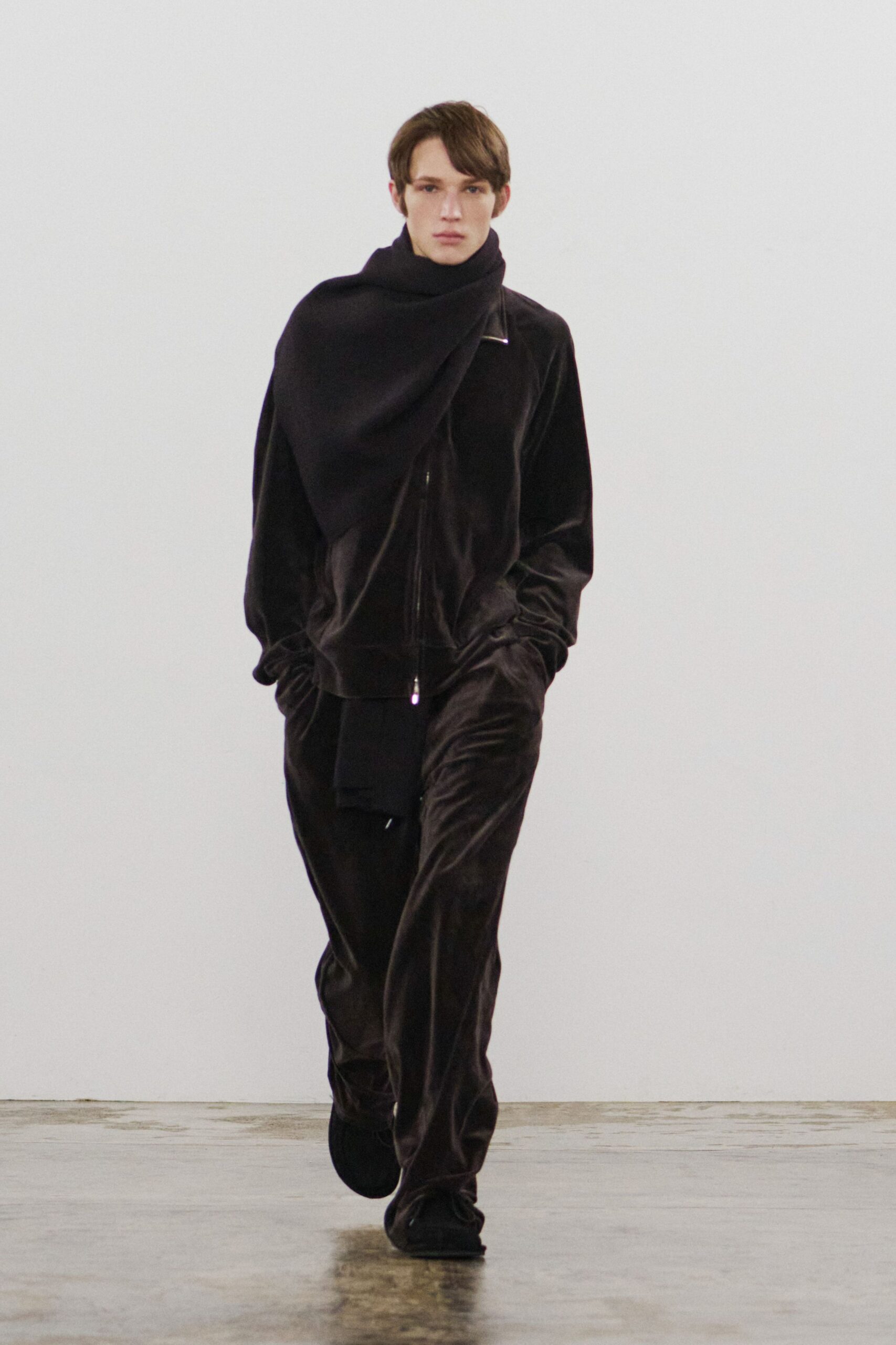 black velvet long-sleeve collared relaxed shiny jacket