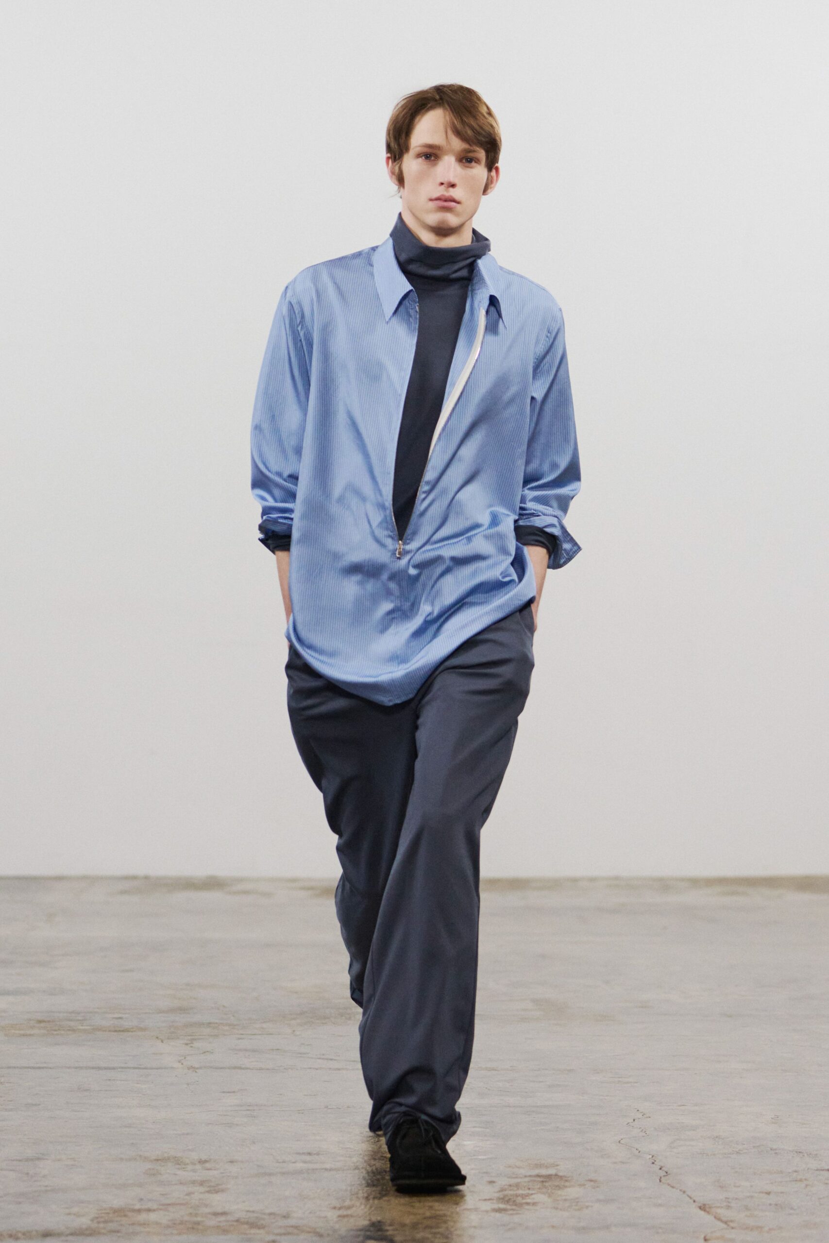 blue silk long-sleeve collared relaxed buttoned shirt
