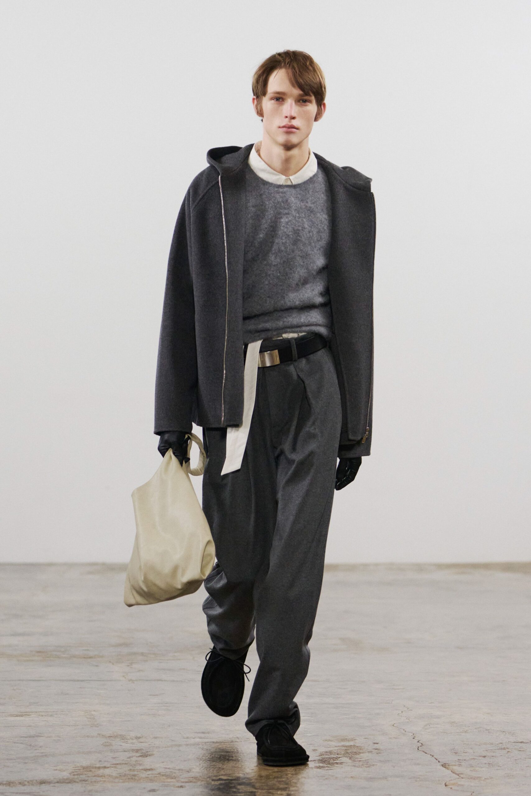 gray wool relaxed high-waisted pleated pants
