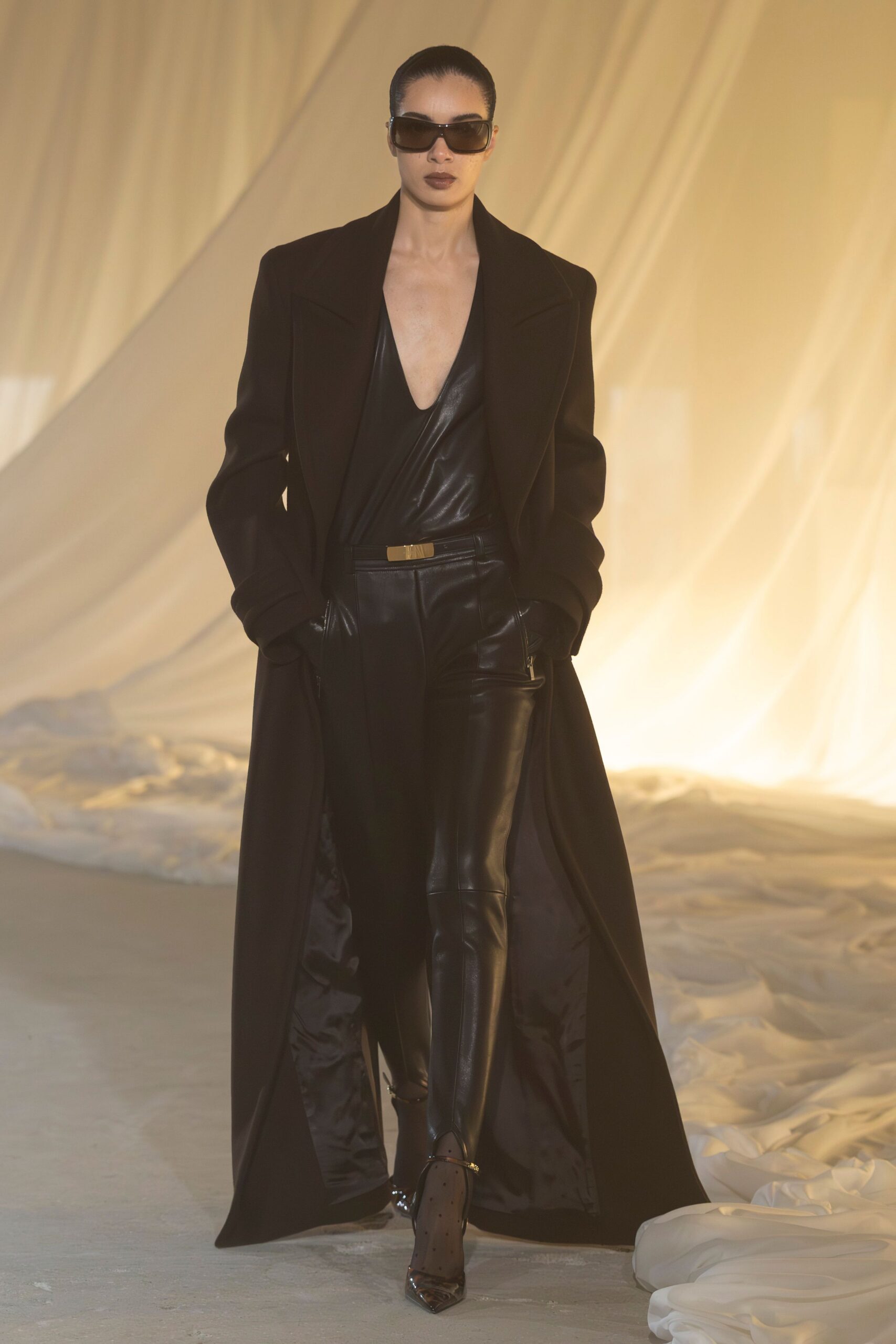 black leather long-sleeve v-neck fitted layered maxi coat