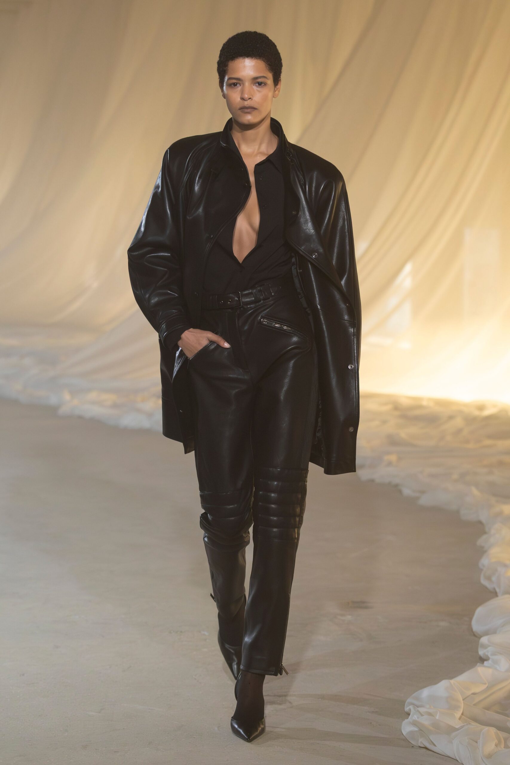 black leather long-sleeve collared oversized coat