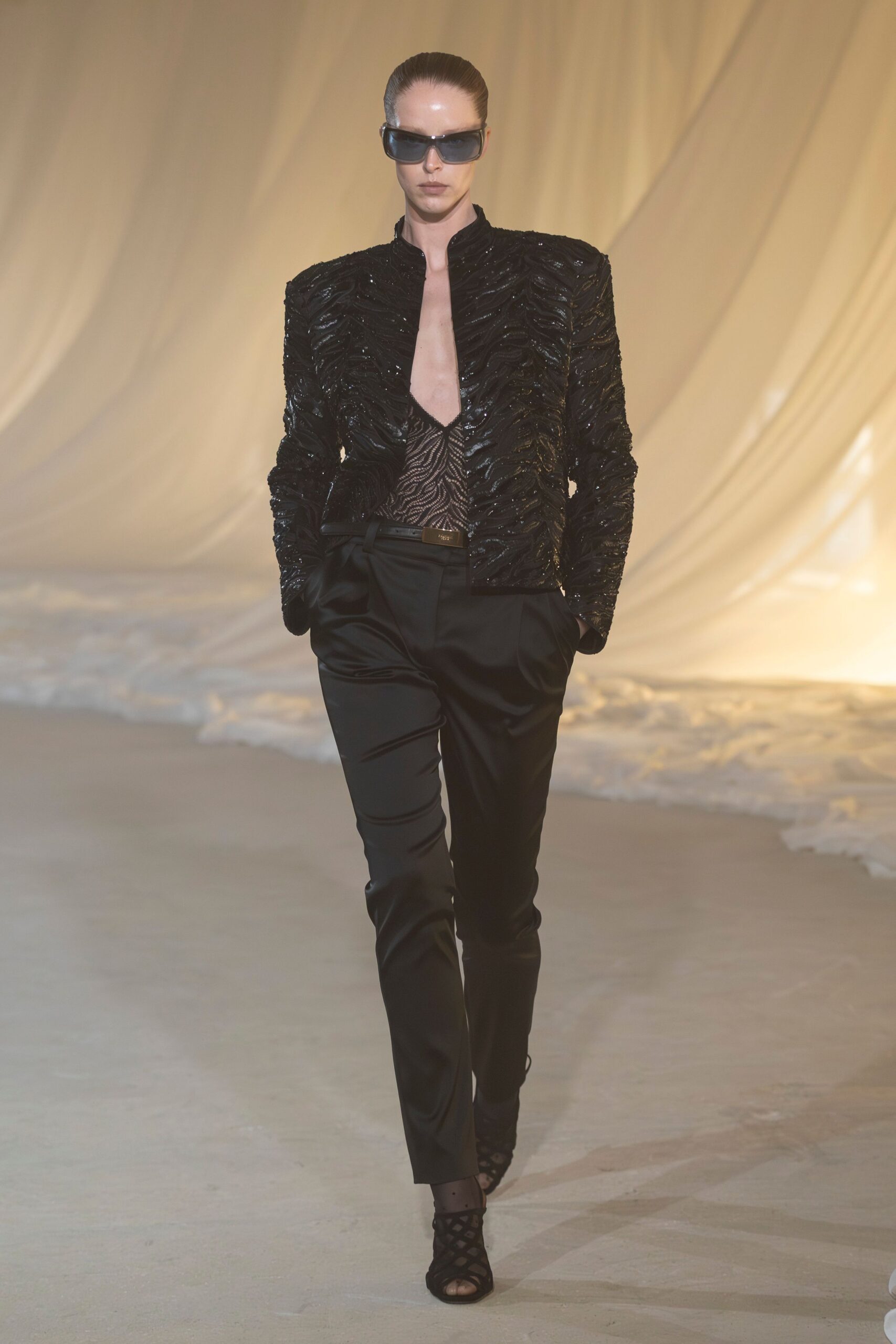 black silk long-sleeve v-neck structured pleated embellished jacket
