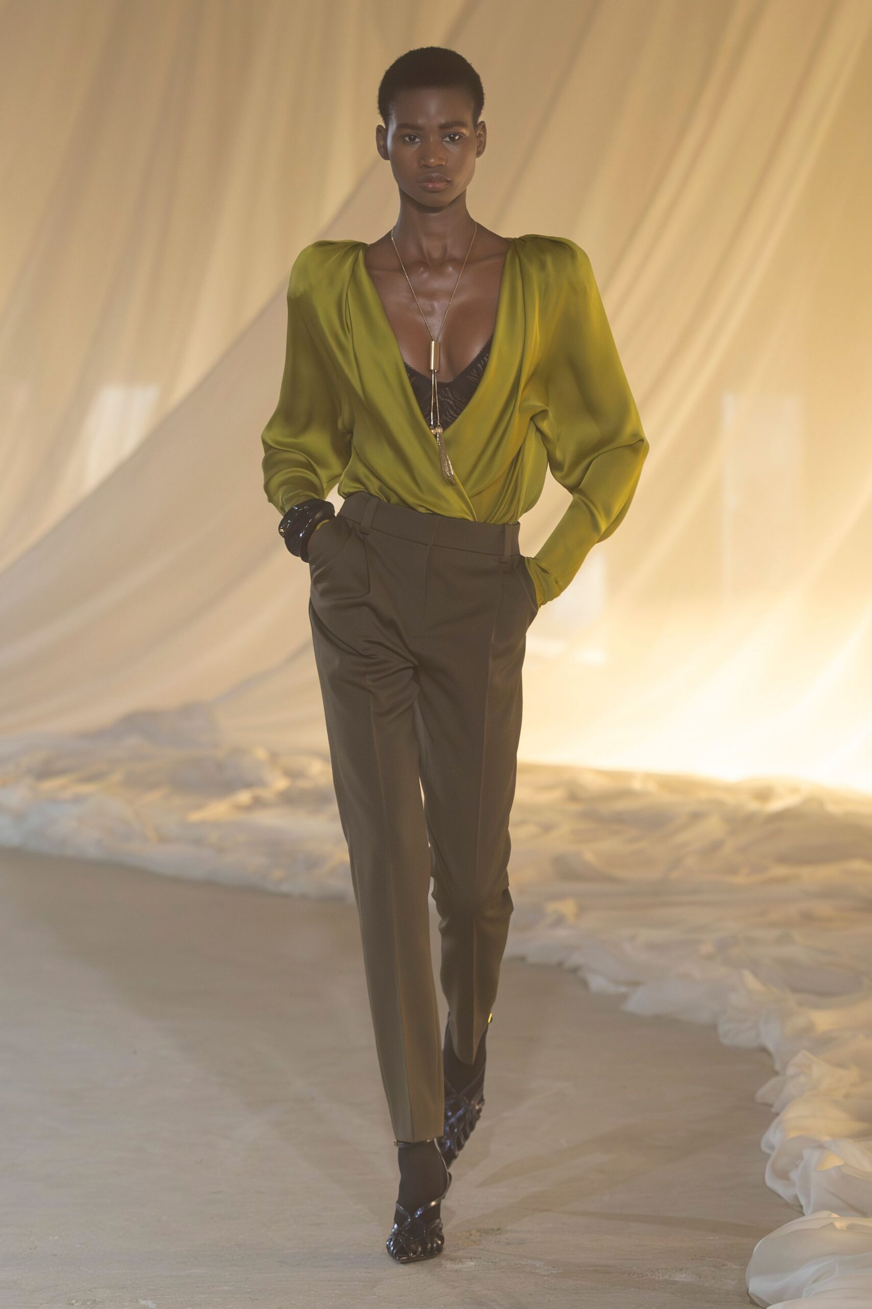 green silk long-sleeve v-neck fitted pleated shirt