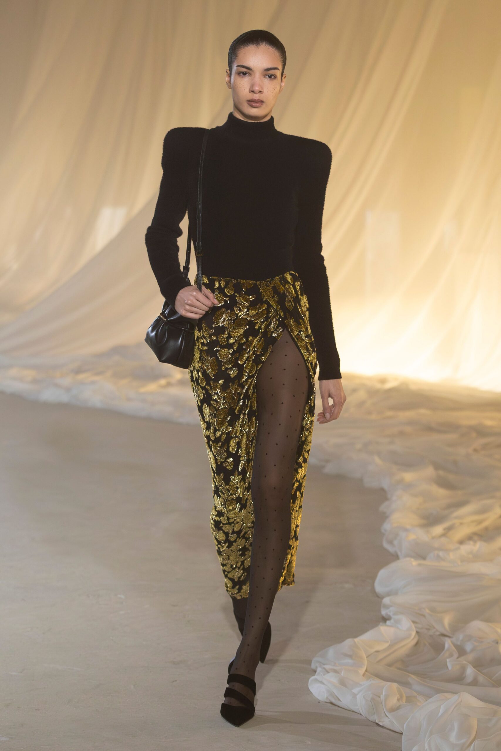 gold silk slit fitted flared midi skirt
