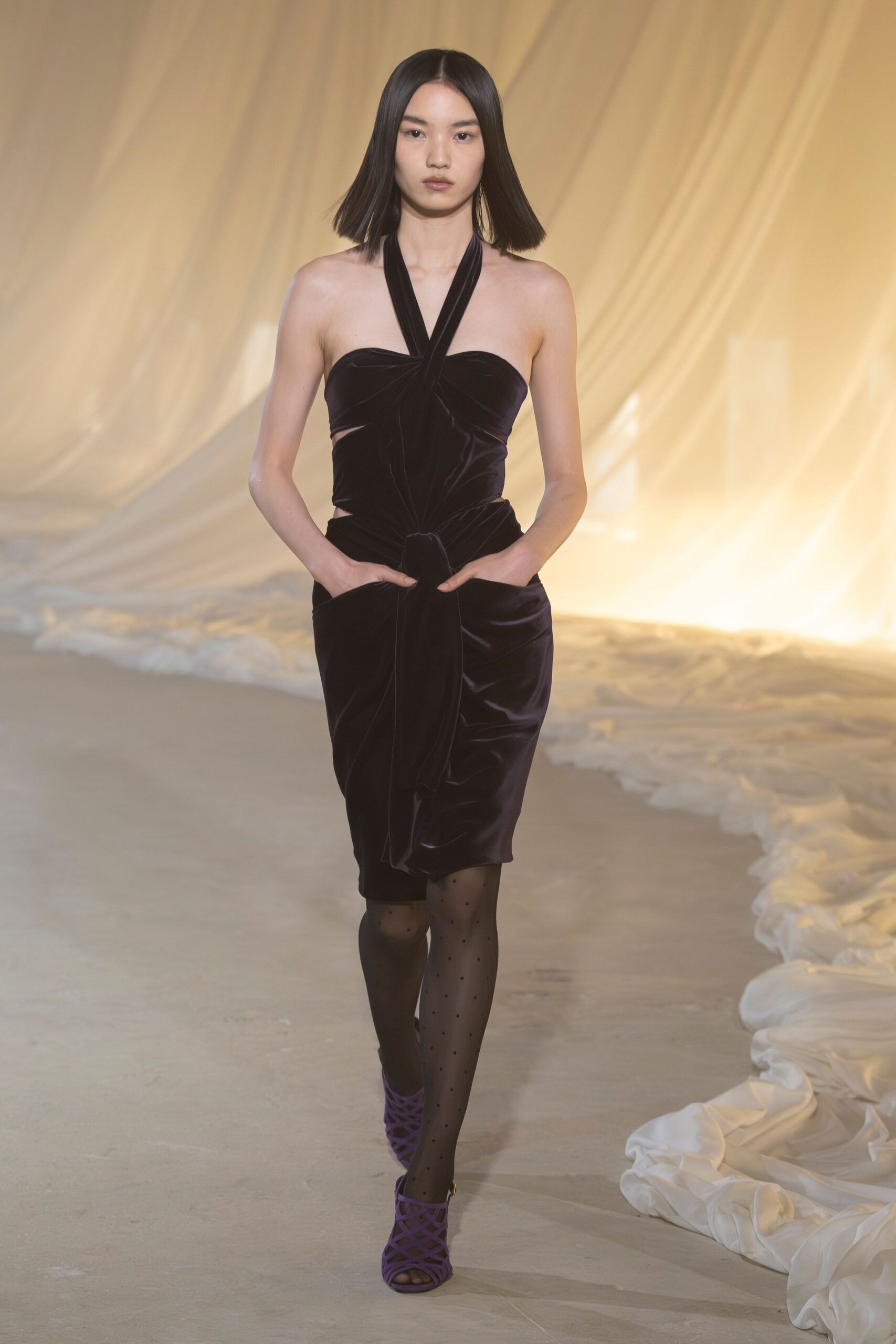 black velvet sleeveless halter fitted ruched short dress
