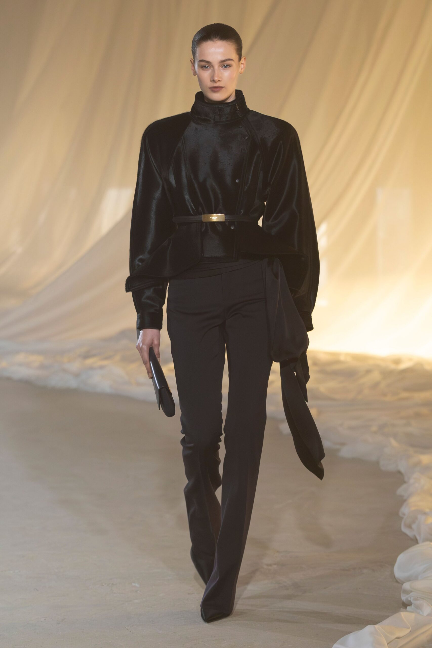 black velvet long-sleeve collared structured belted jacket