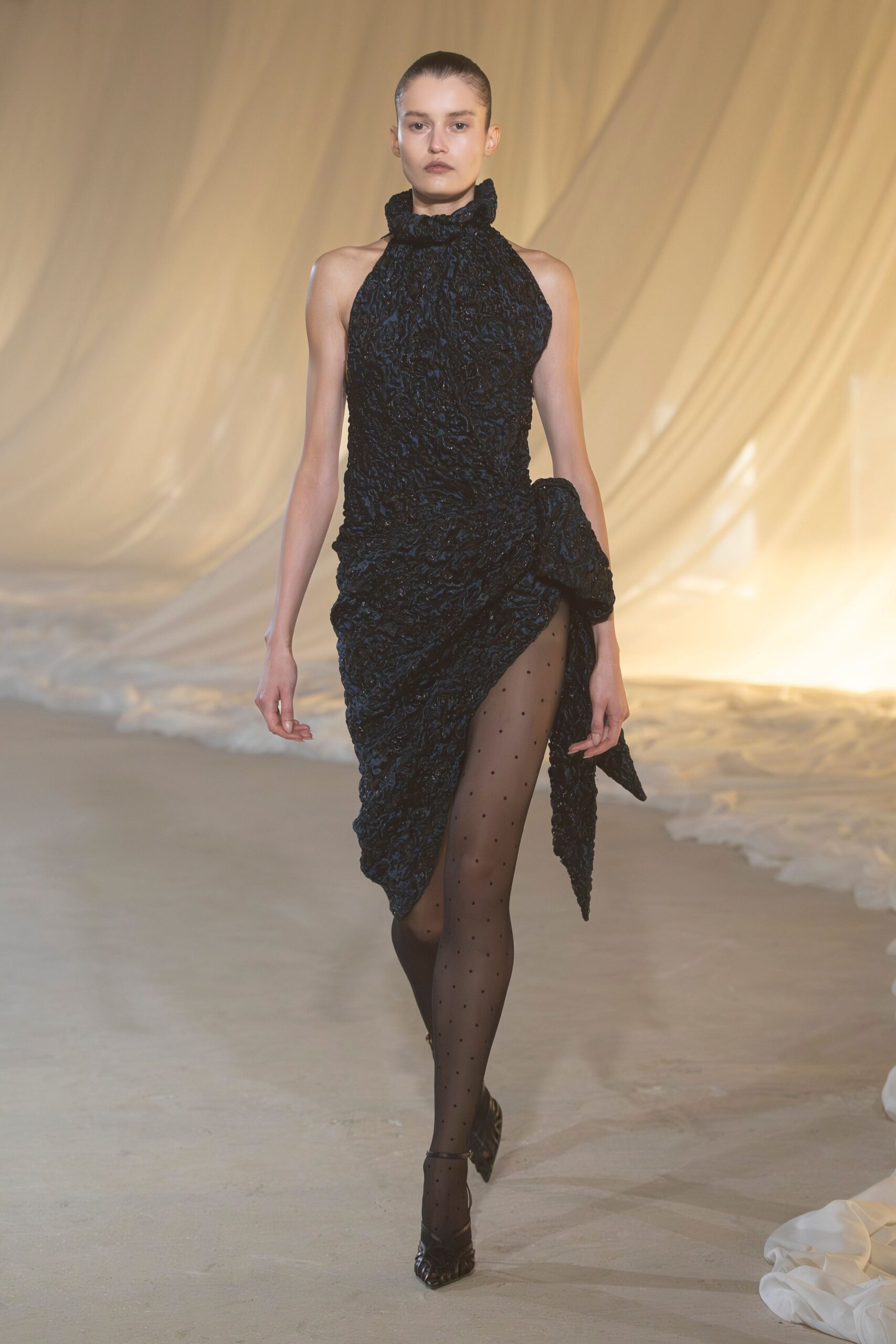 black silk sleeveless high-neck fitted ruched draped dress