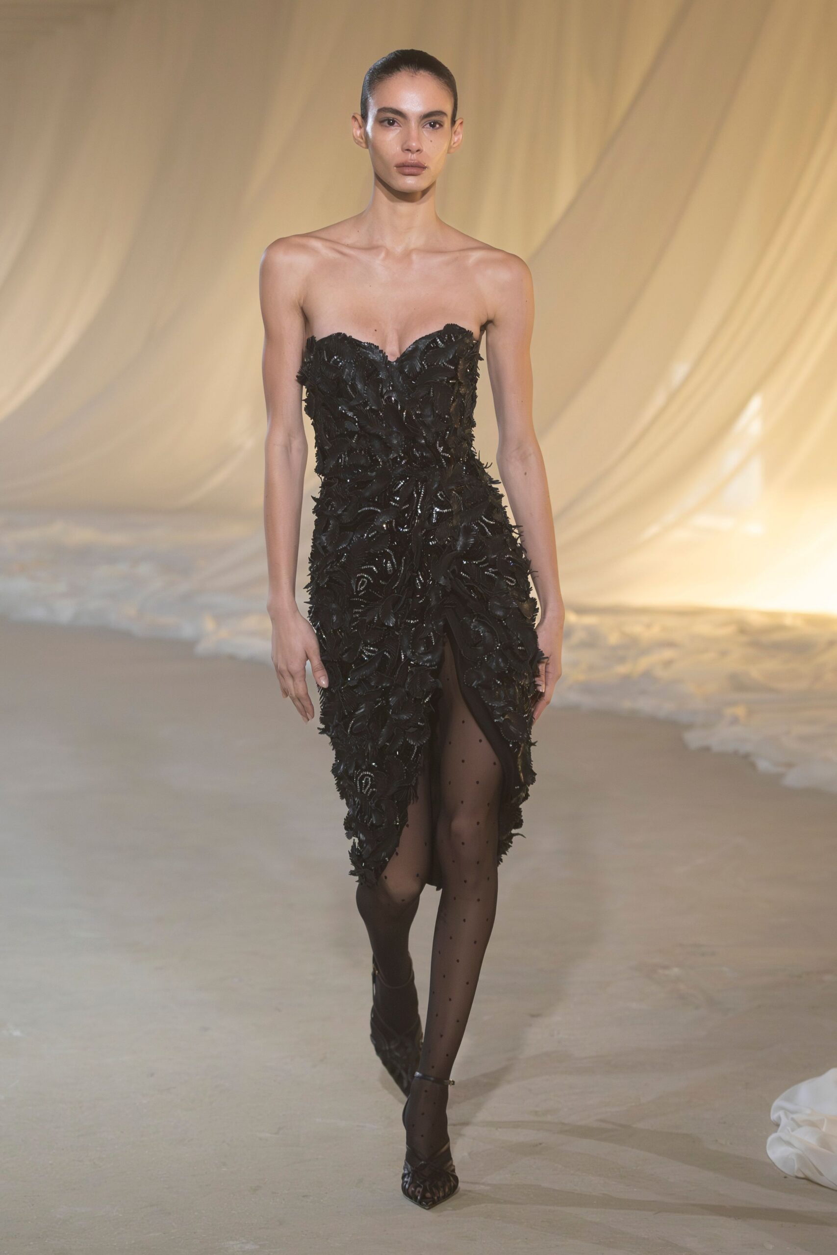 black silk strapless slit fitted ruffled embellished dress