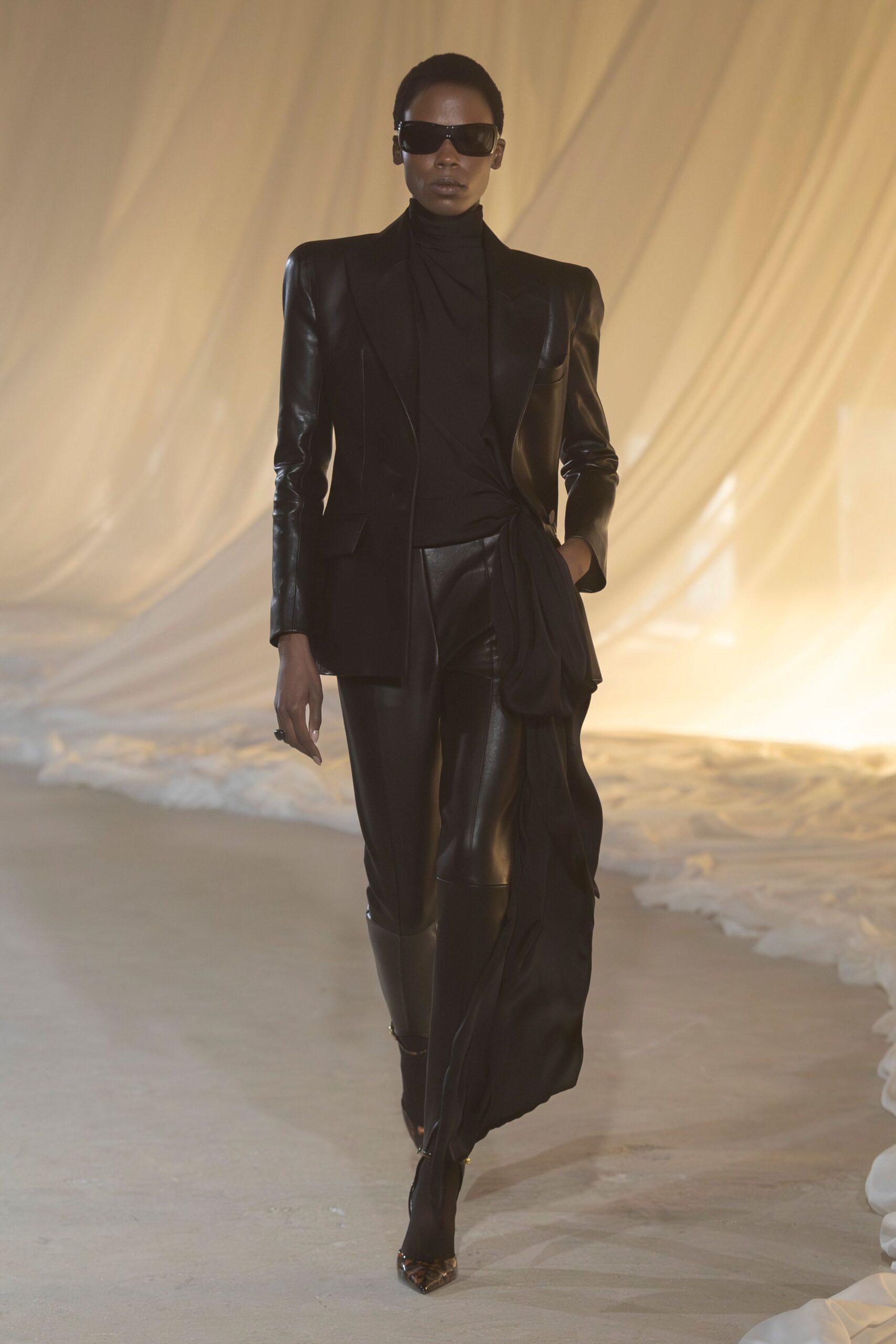 black leather long-sleeve collared structured blazer