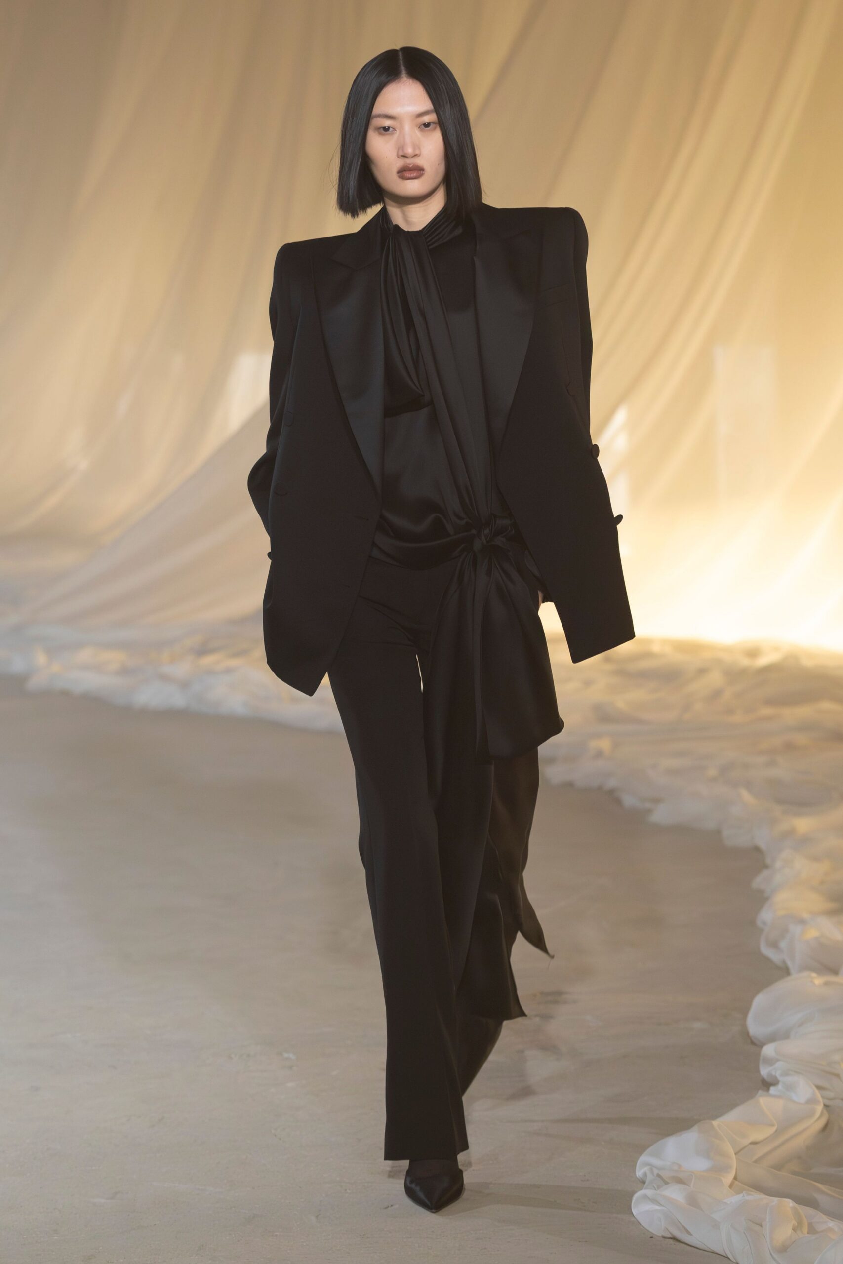 black silk long-sleeve collared structured blazer