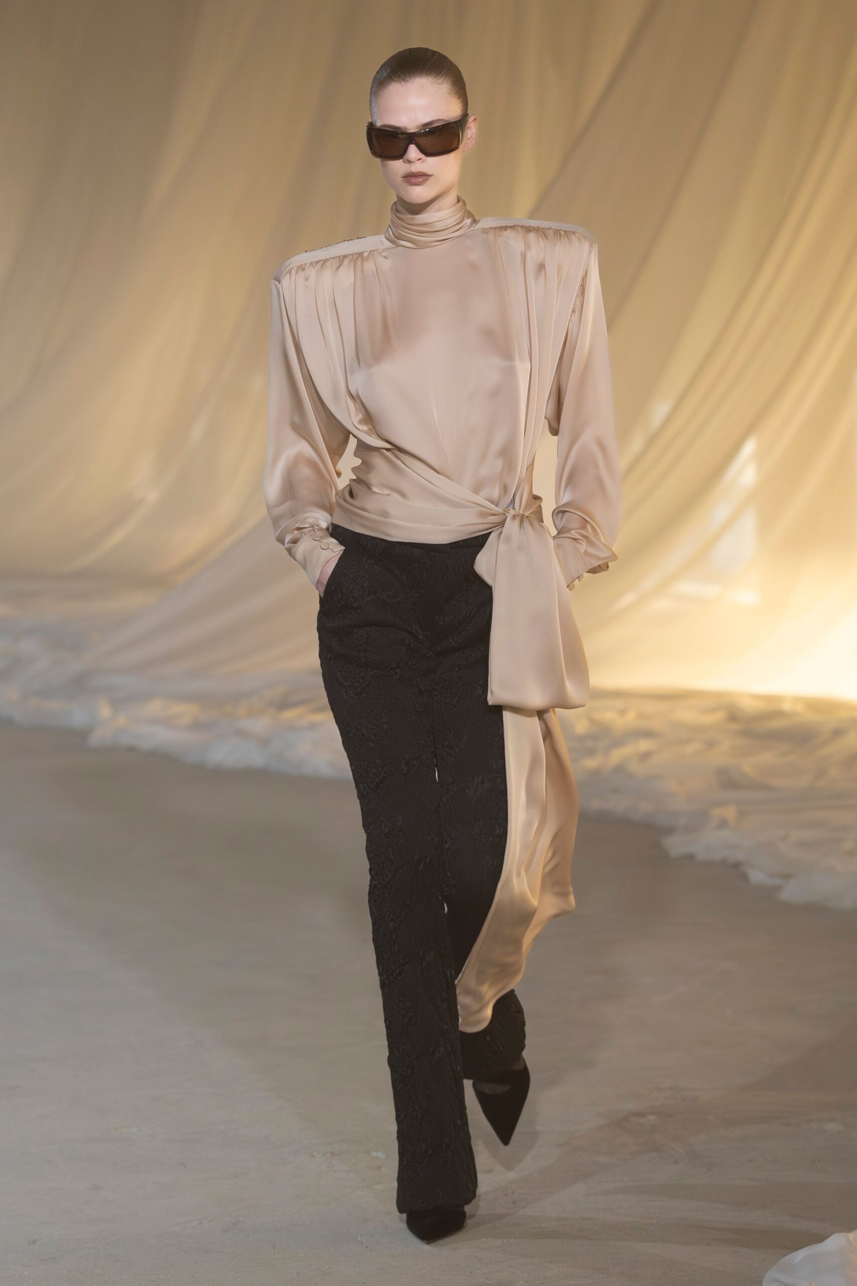 beige silk long-sleeve v-neck fitted draped flowing top