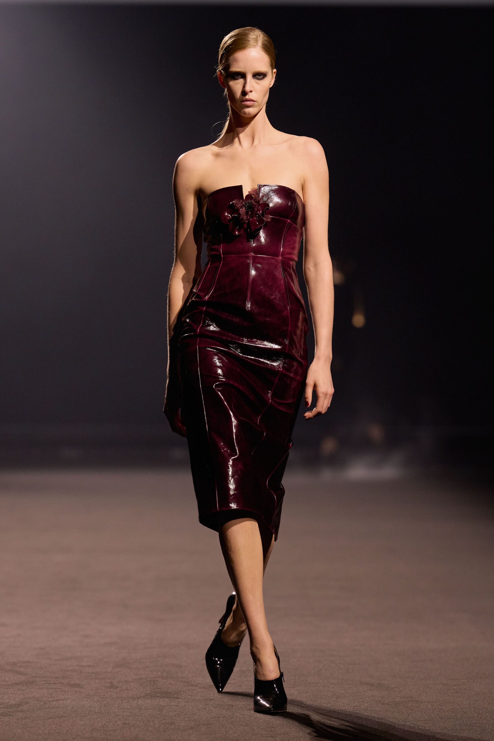 maroon vinyl strapless fitted ruched shiny midi gown