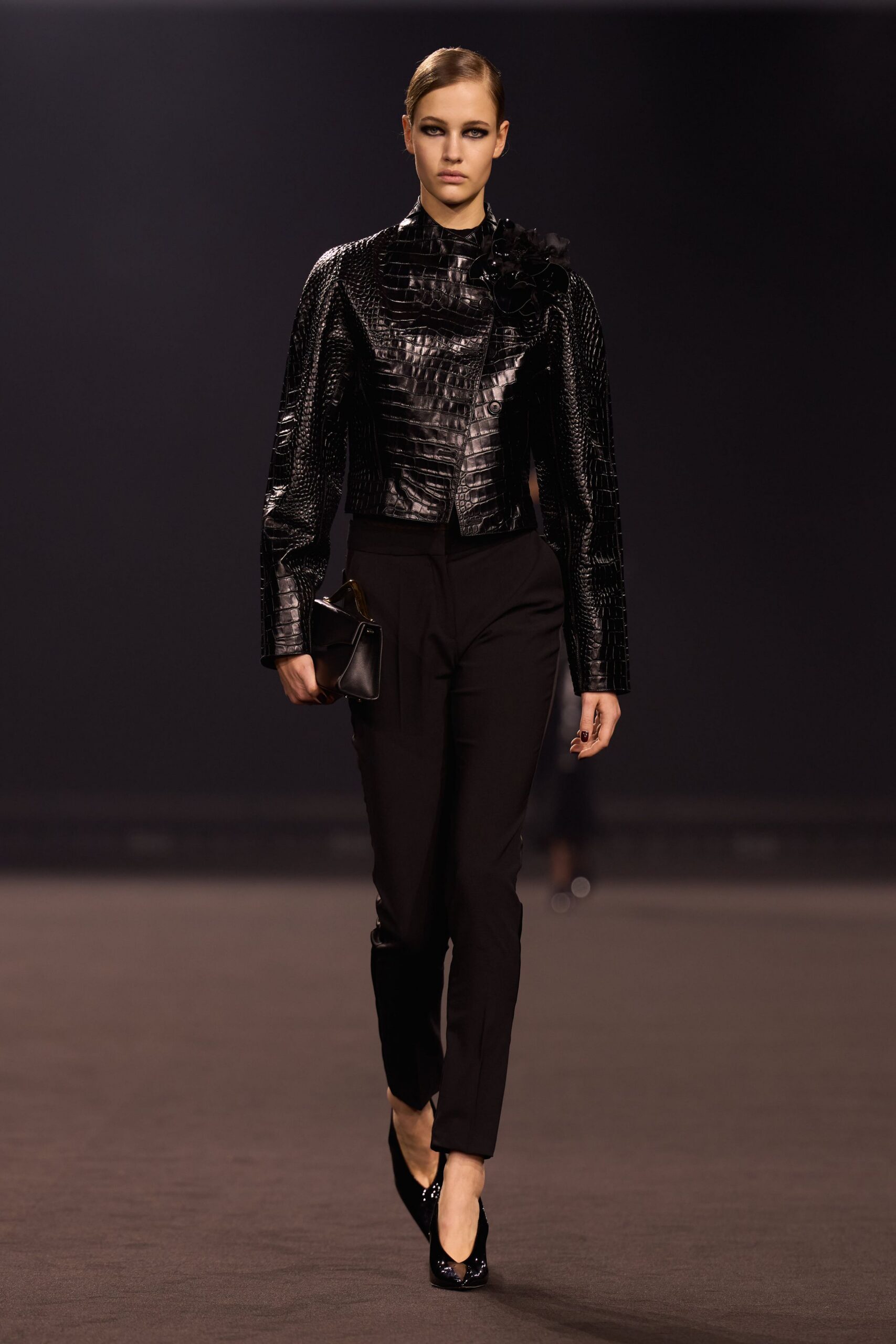 black leather long-sleeve collared fitted textured jacket