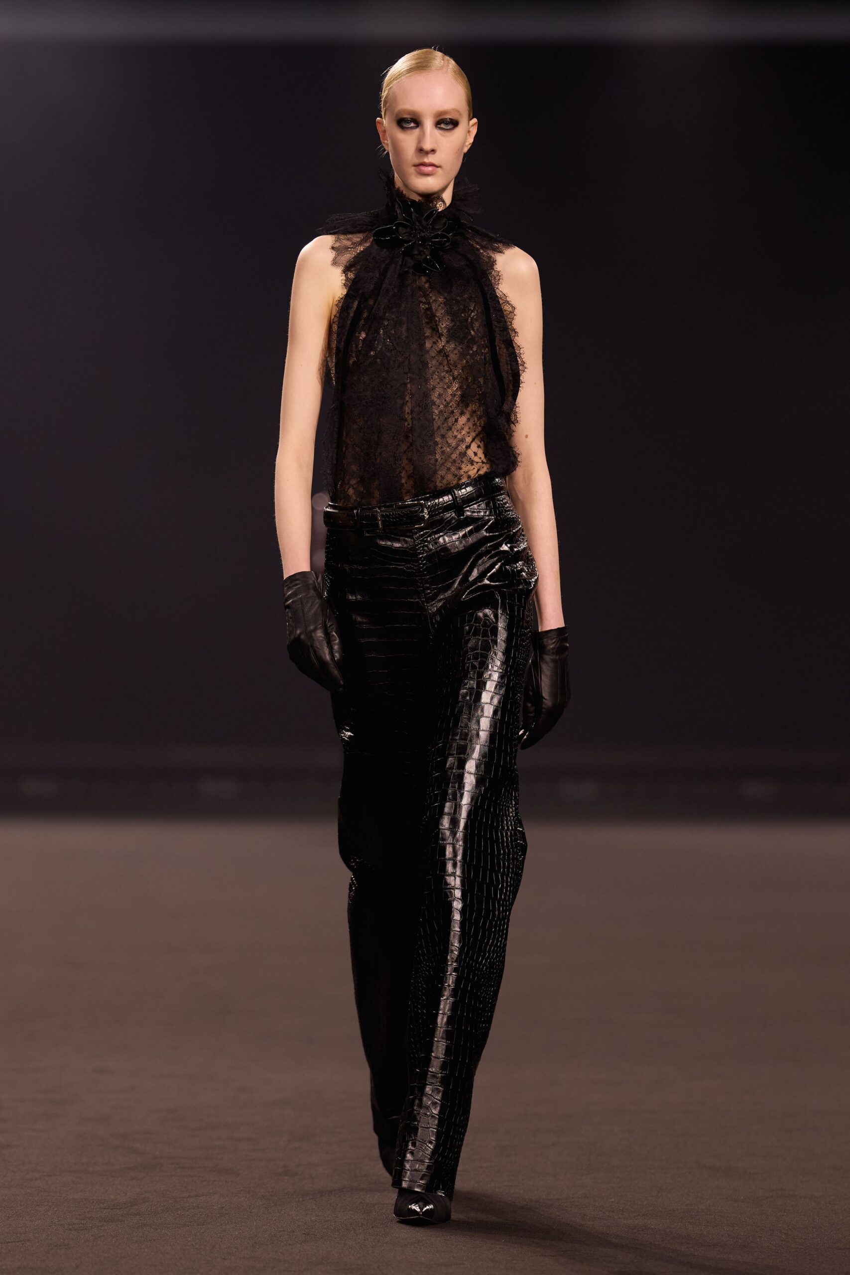 black vinyl fitted straight-leg shiny pants