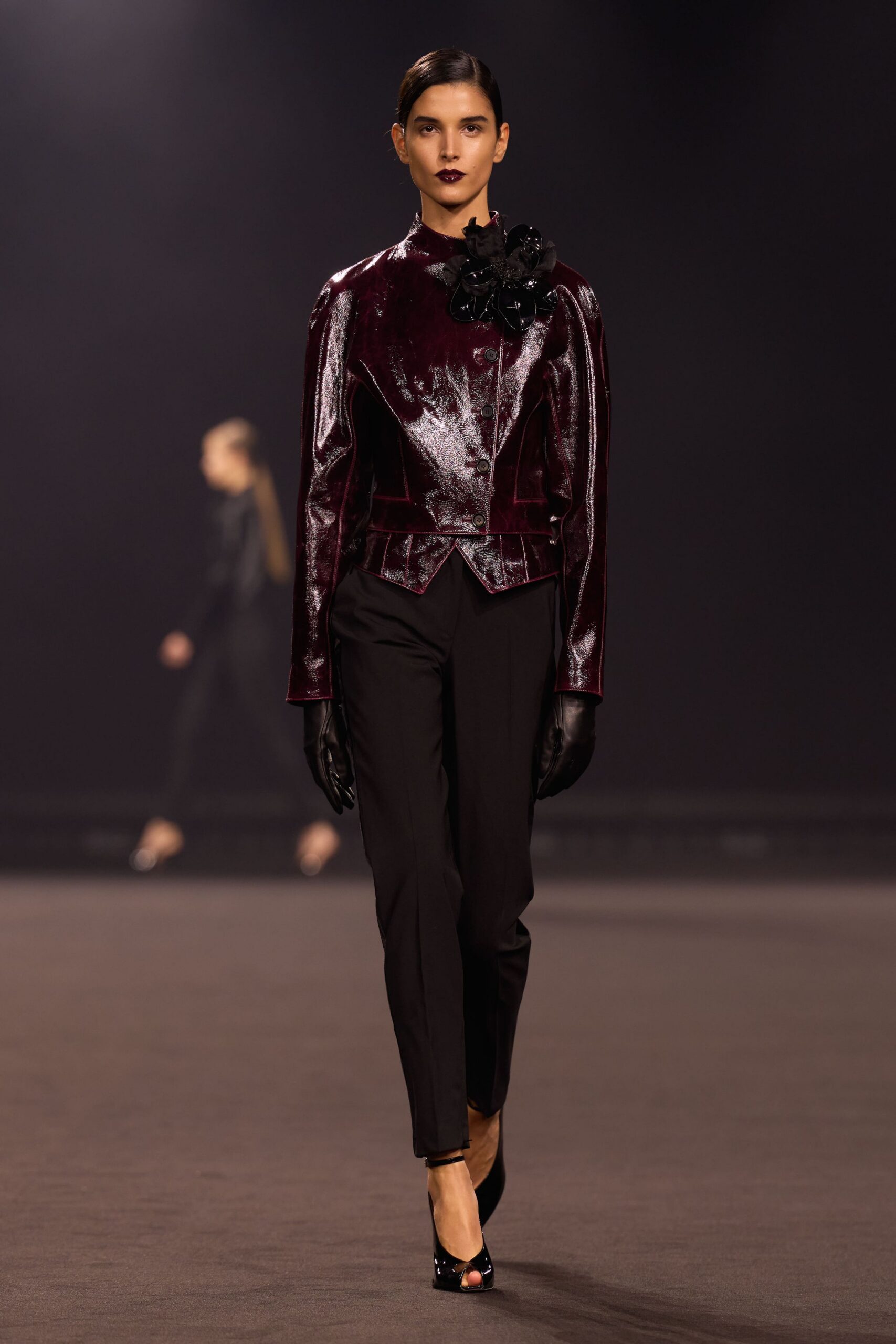 red velvet long-sleeve collared structured pleated embellished jacket
