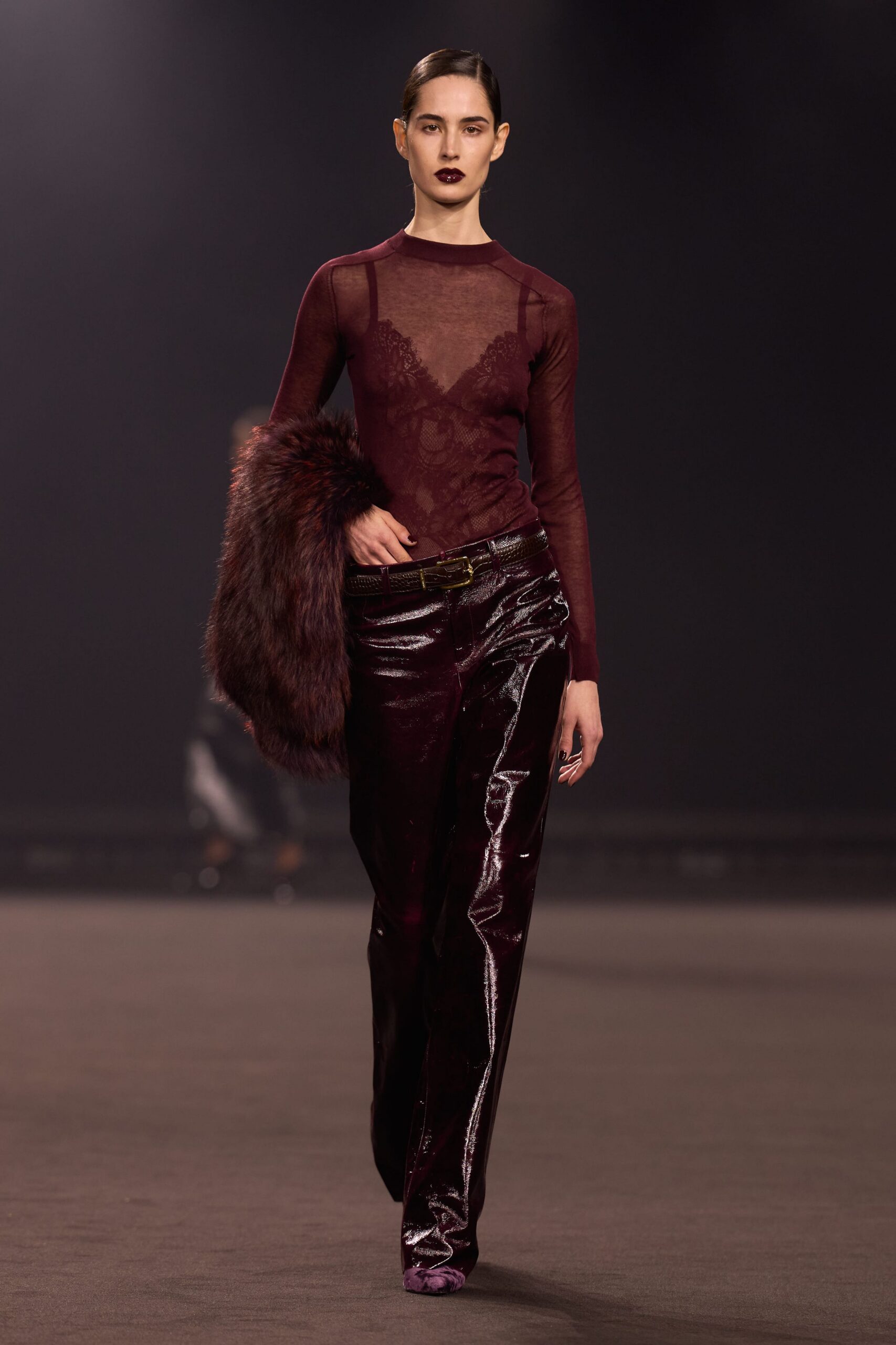 red silk long-sleeve high-neck fitted embroidered sheer top