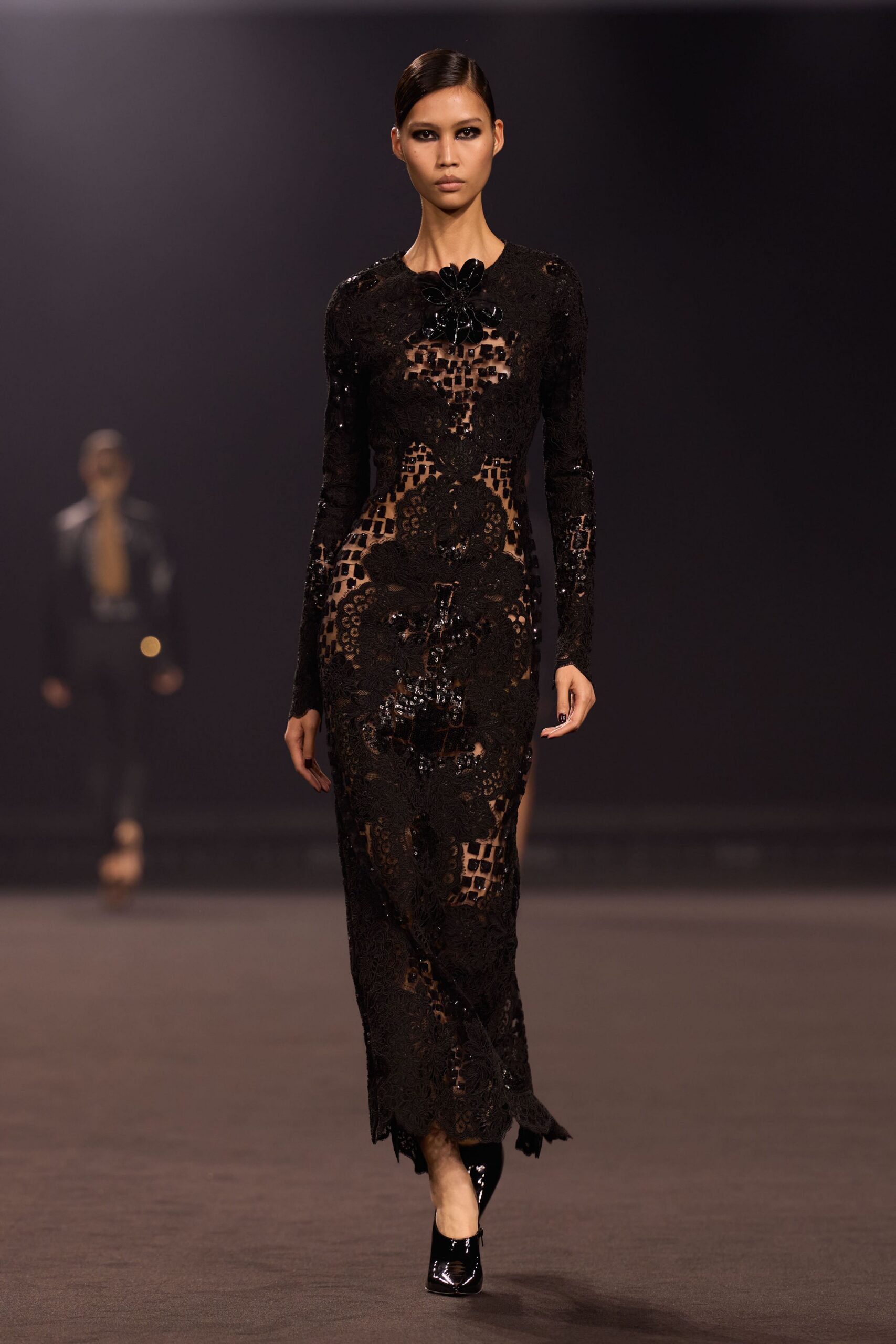 black lace long-sleeve v-neck fitted embroidered sheer gown