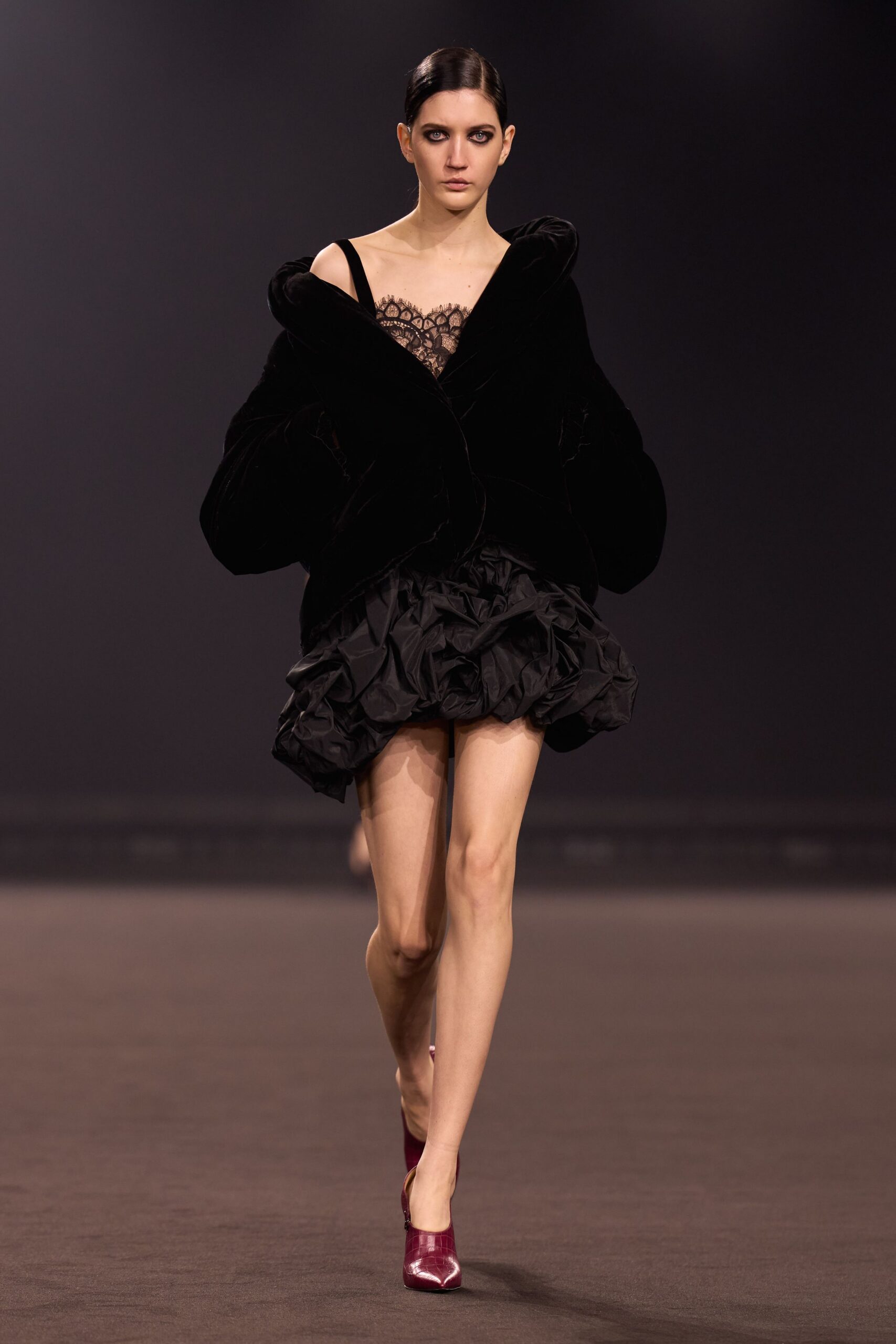 black silk sleeveless v-neck fitted ruffled mini dress