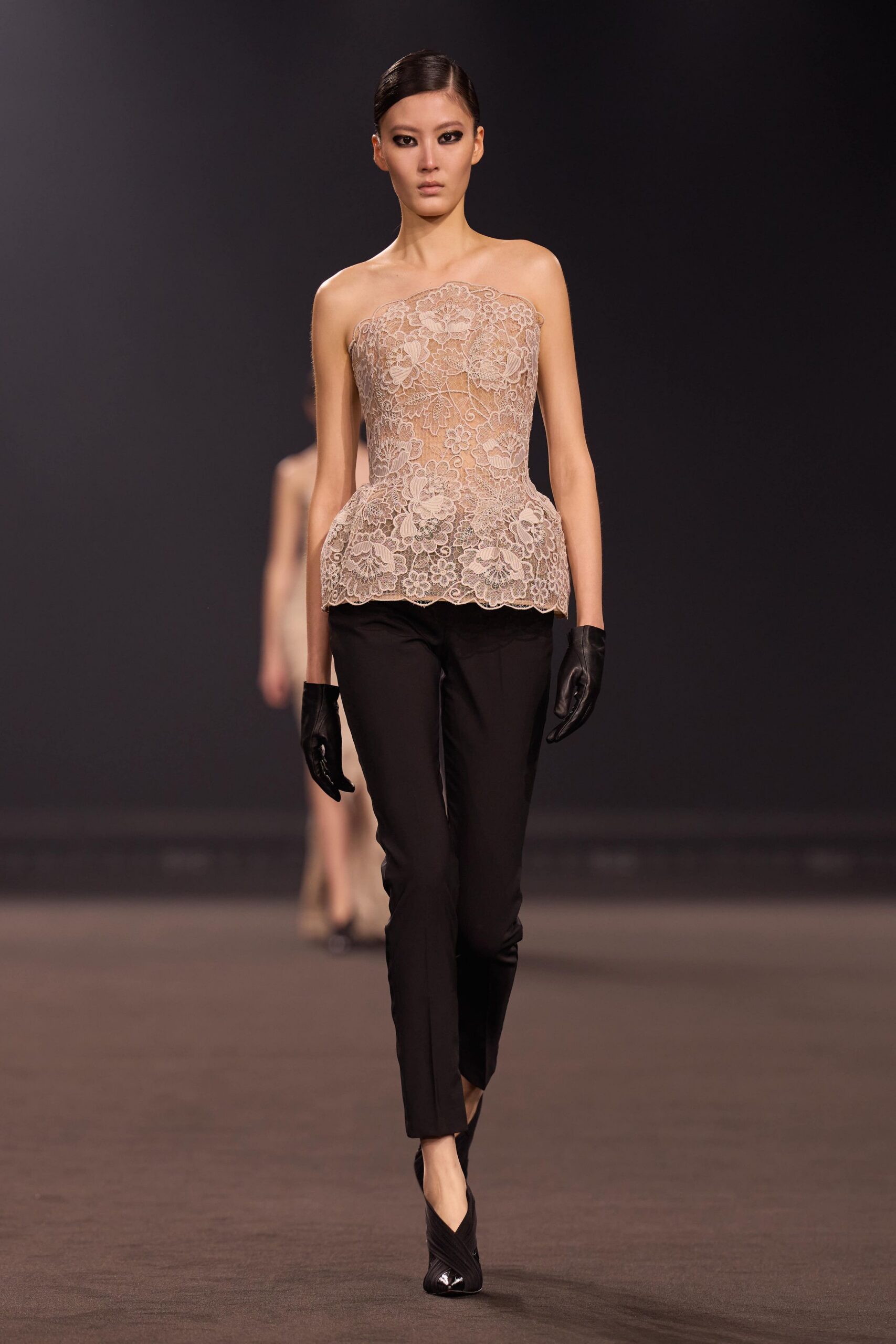 beige lace strapless fitted ruffled top