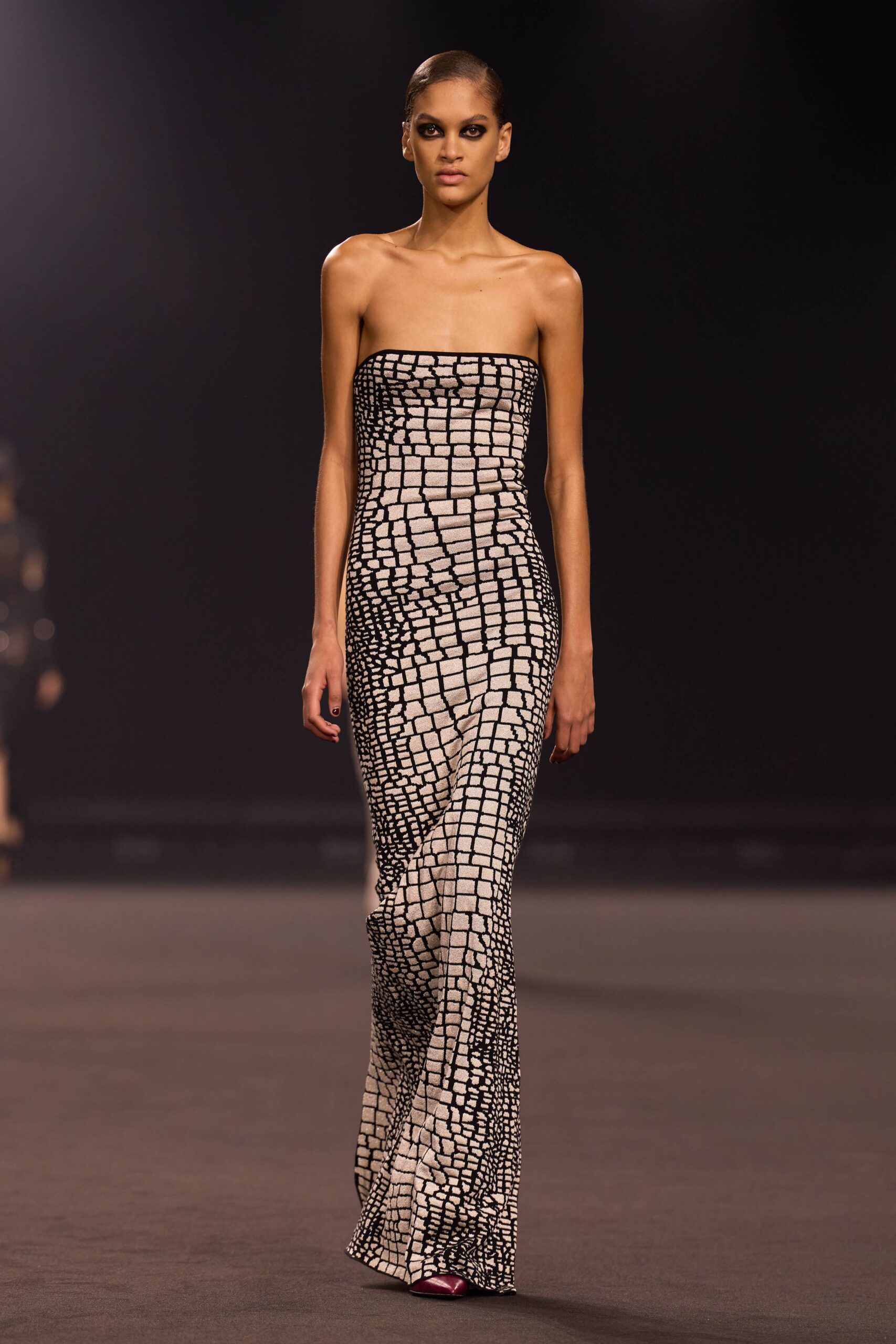 beige silk strapless fitted printed maxi gown