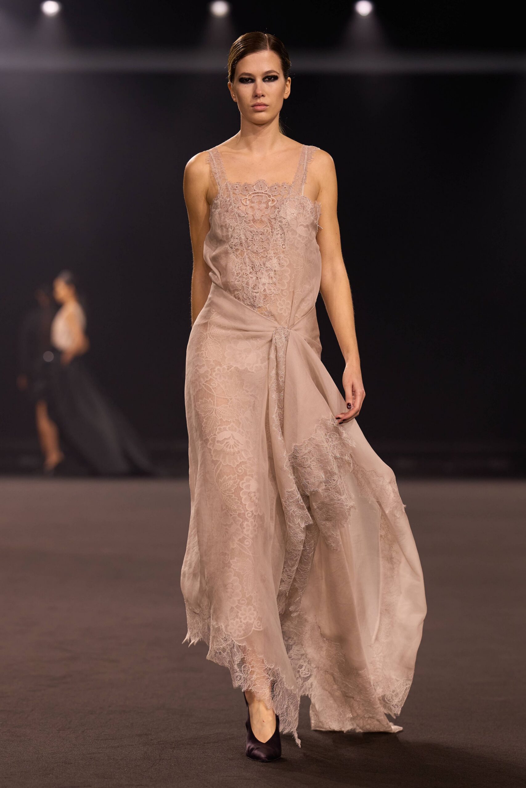 beige lace sleeveless v-neck fitted layered gown