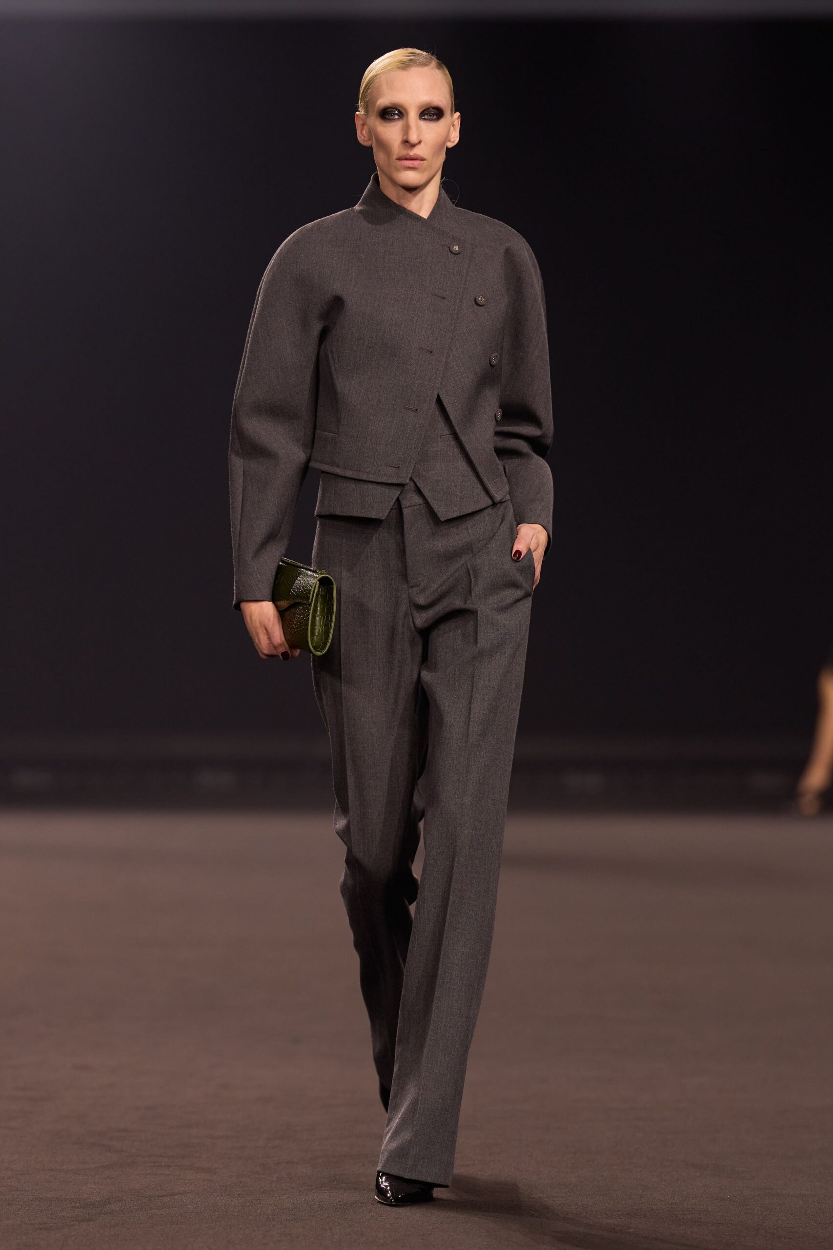 gray wool long-sleeve collared structured jacket