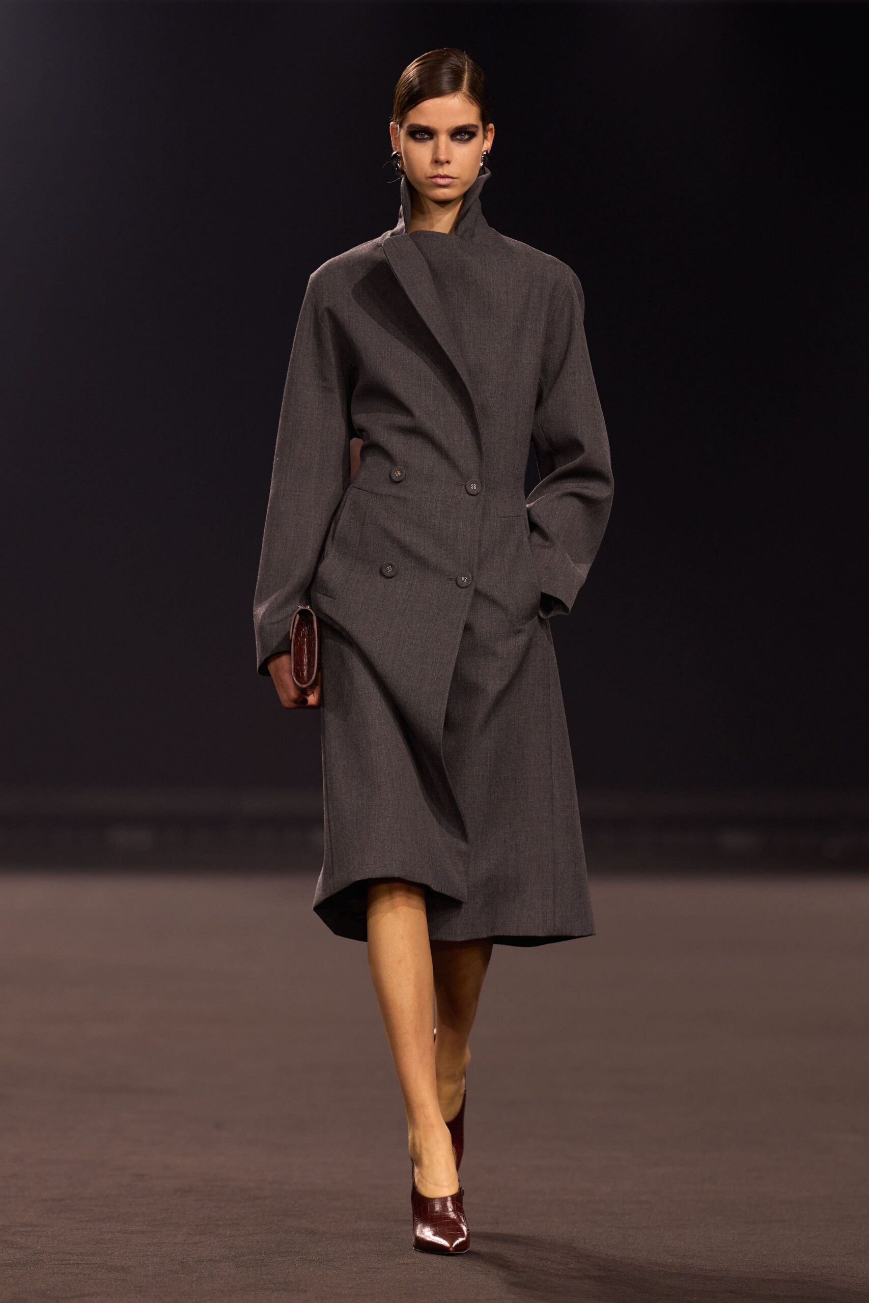 gray wool long-sleeve double-breasted structured midi coat