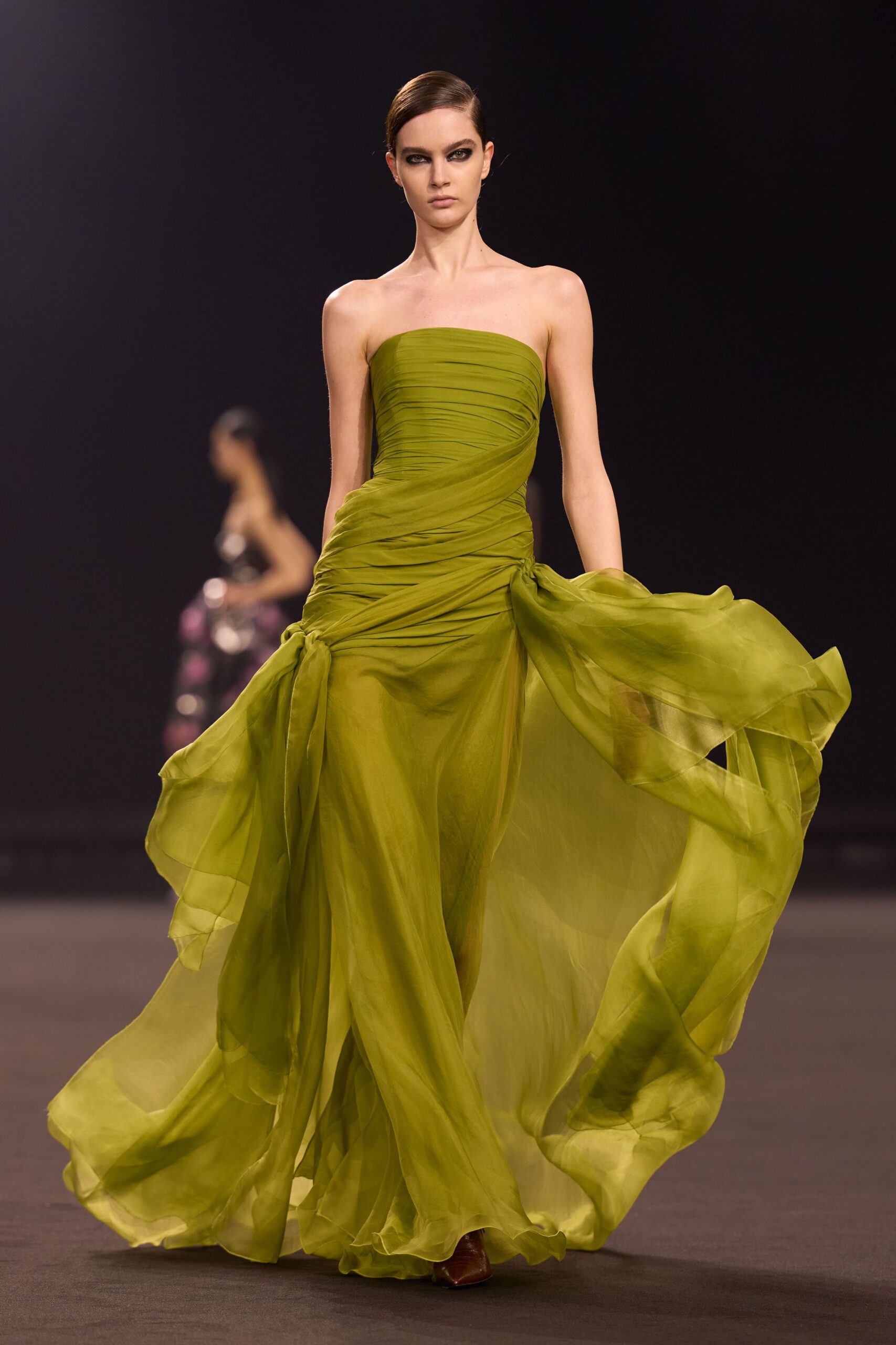 green chiffon strapless fitted draped flowing maxi gown