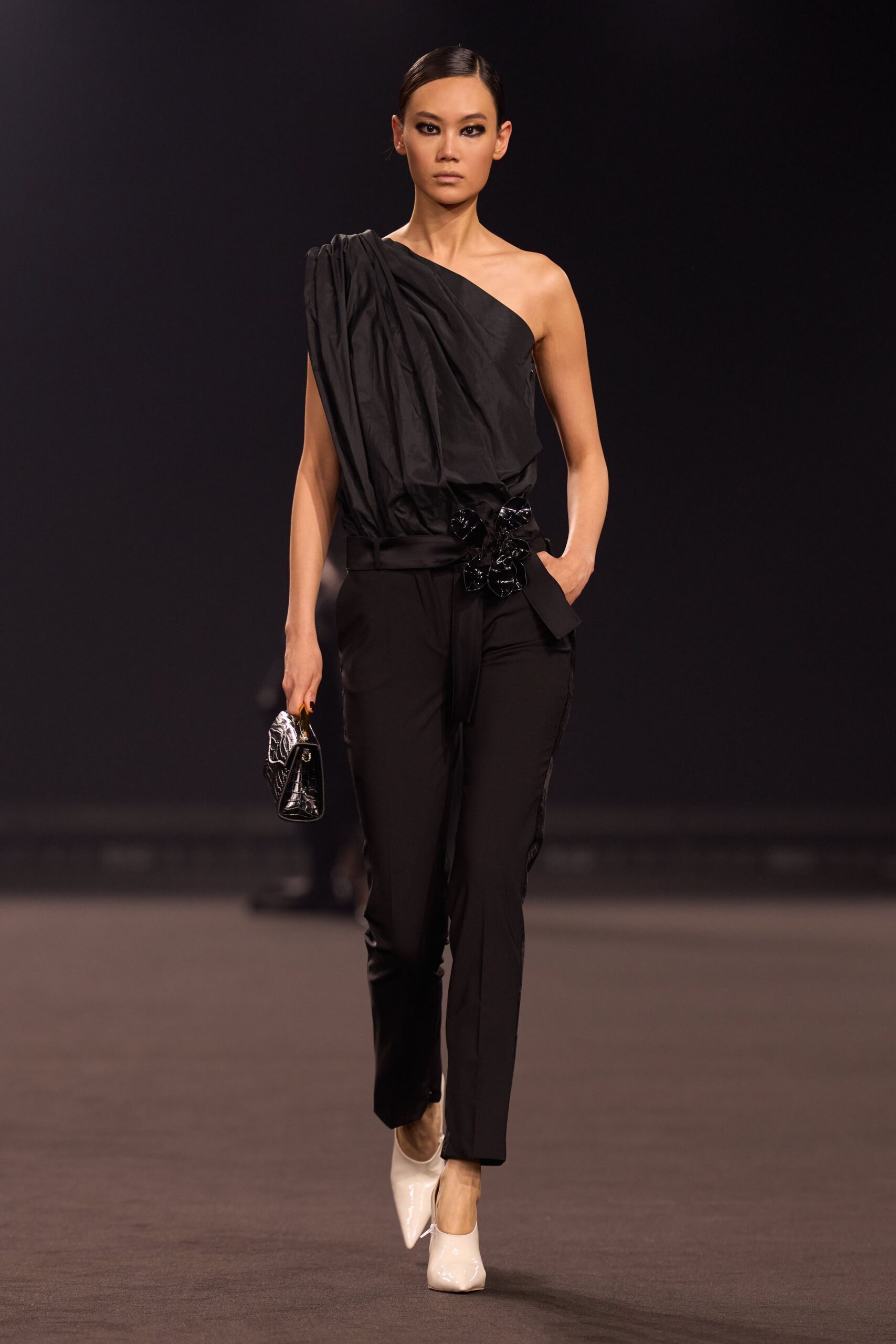 black silk long-sleeve high-neck fitted zippered pants
