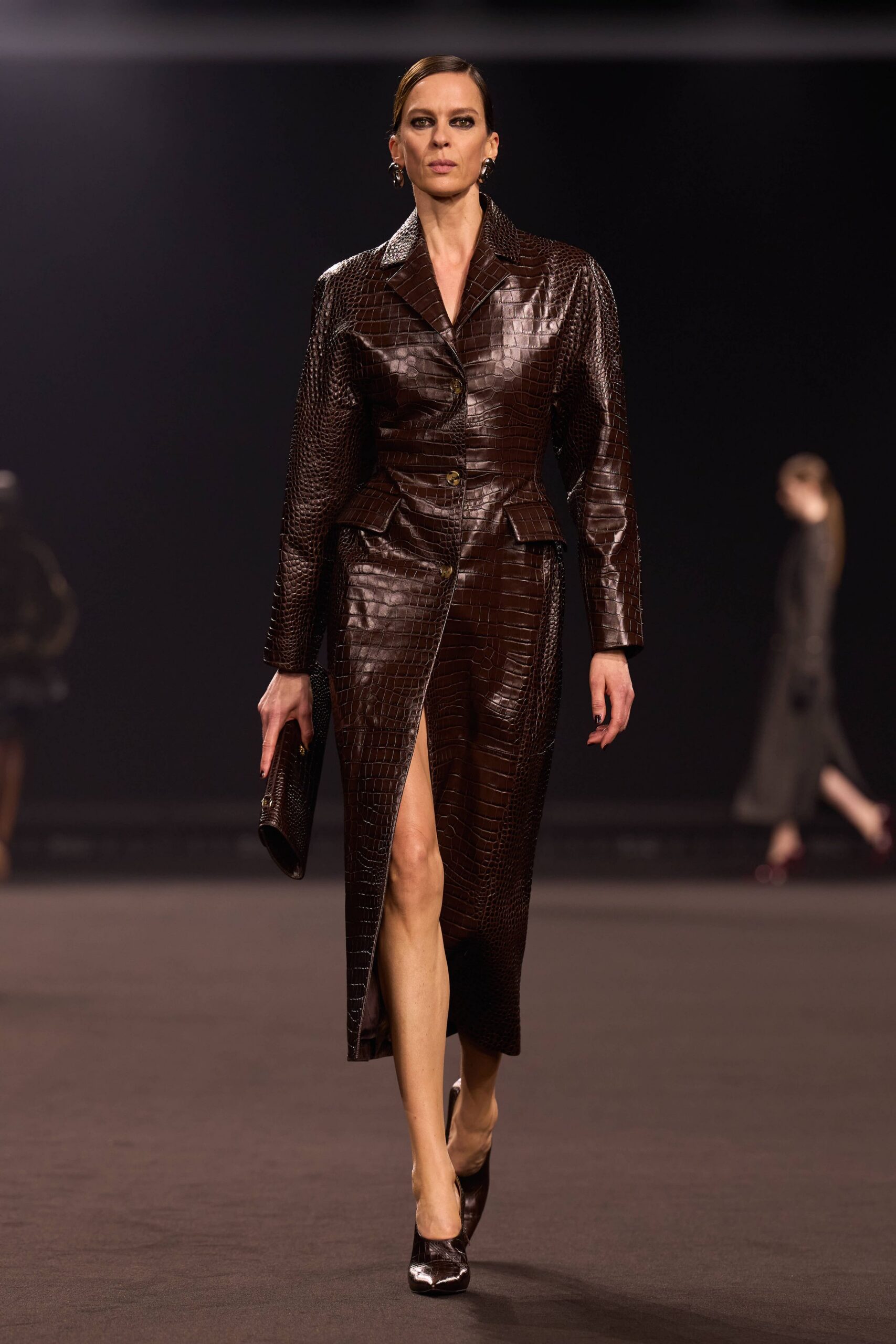 brown leather long-sleeve collared fitted buttoned pleated dress