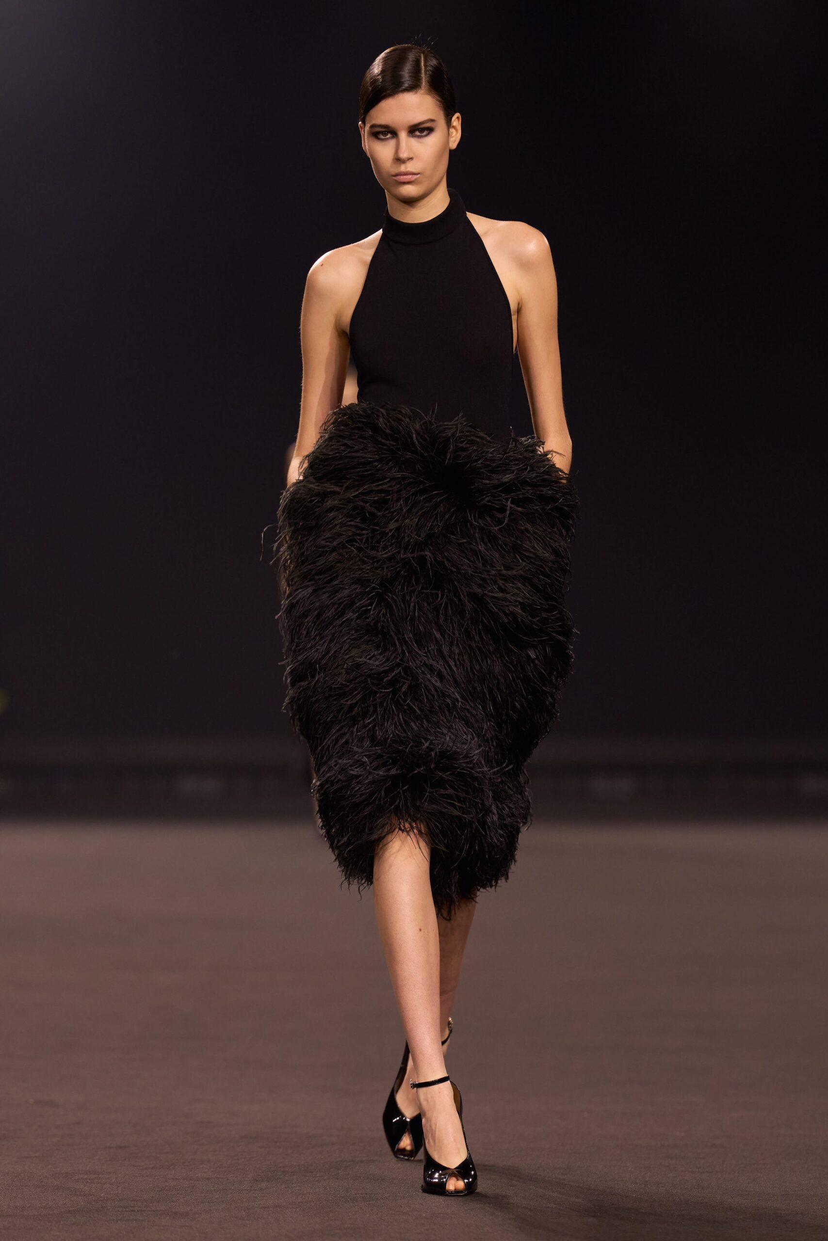 black fur sleeveless high-neck fitted ruffled midi dress