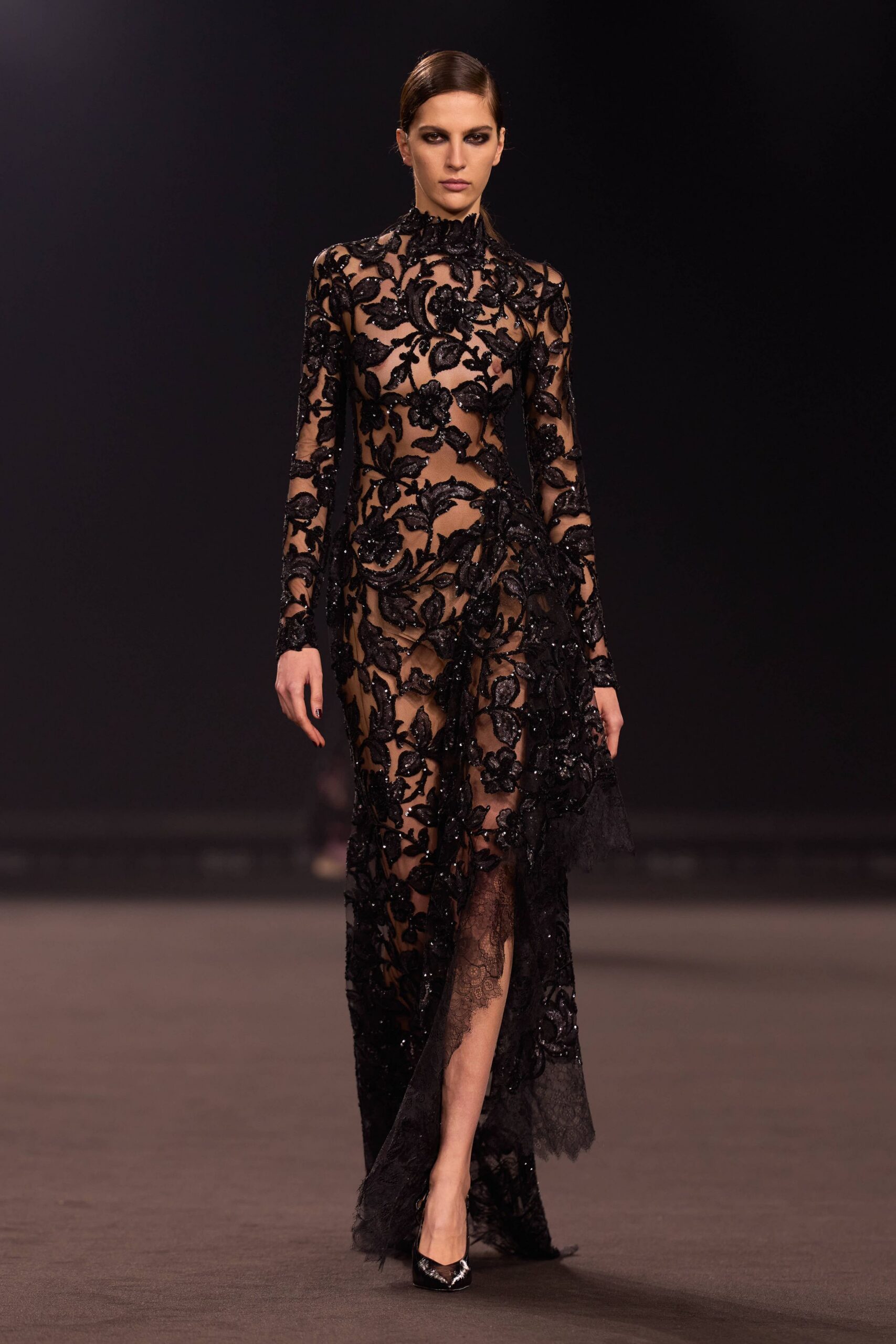 black lace long-sleeve high-neck fitted embroidered sheer gown