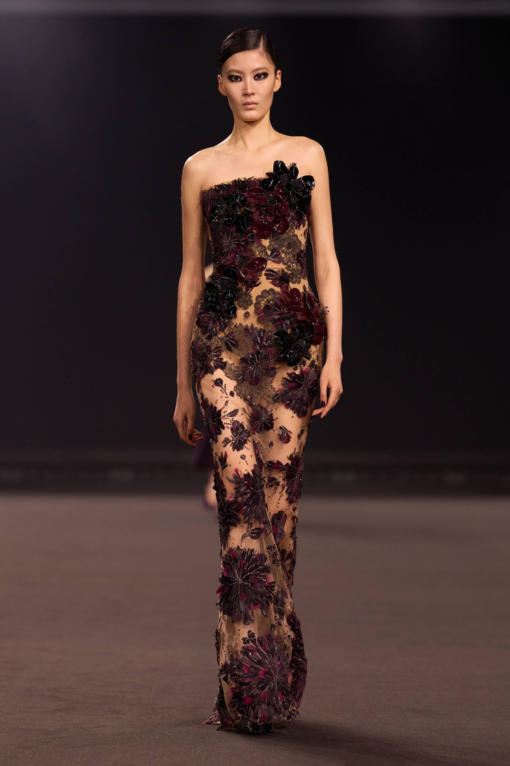 black purple floral embroidered gown
