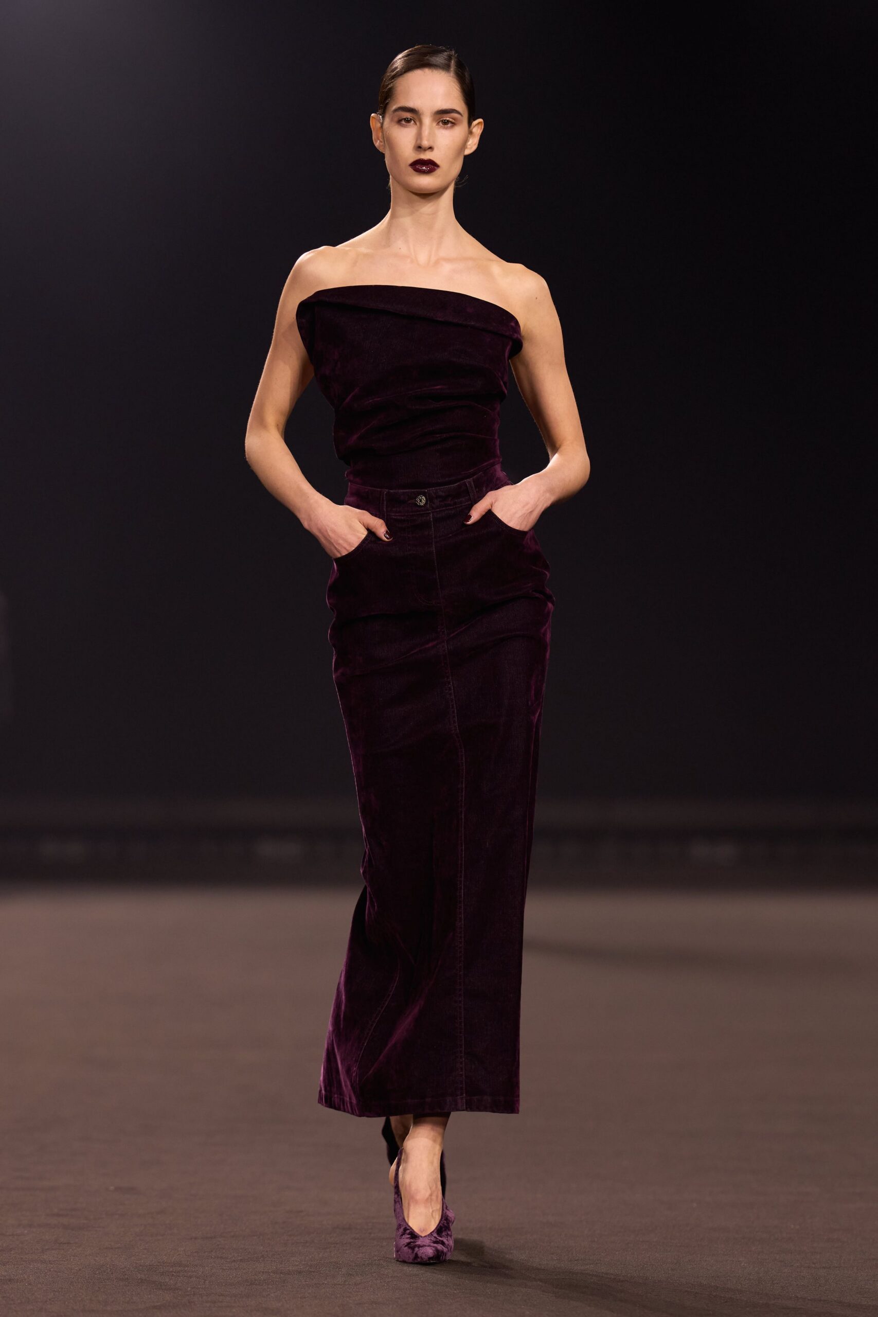 purple velvet strapless fitted straight-leg pockets maxi gown