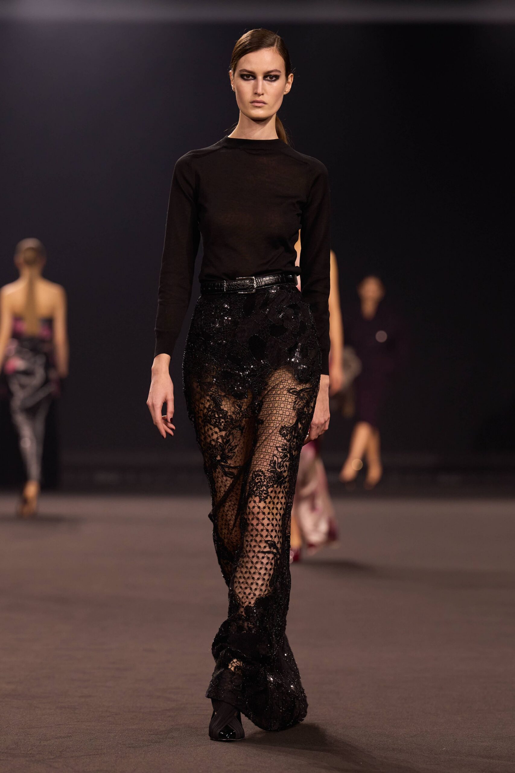 black lace fitted pleated sheer pants