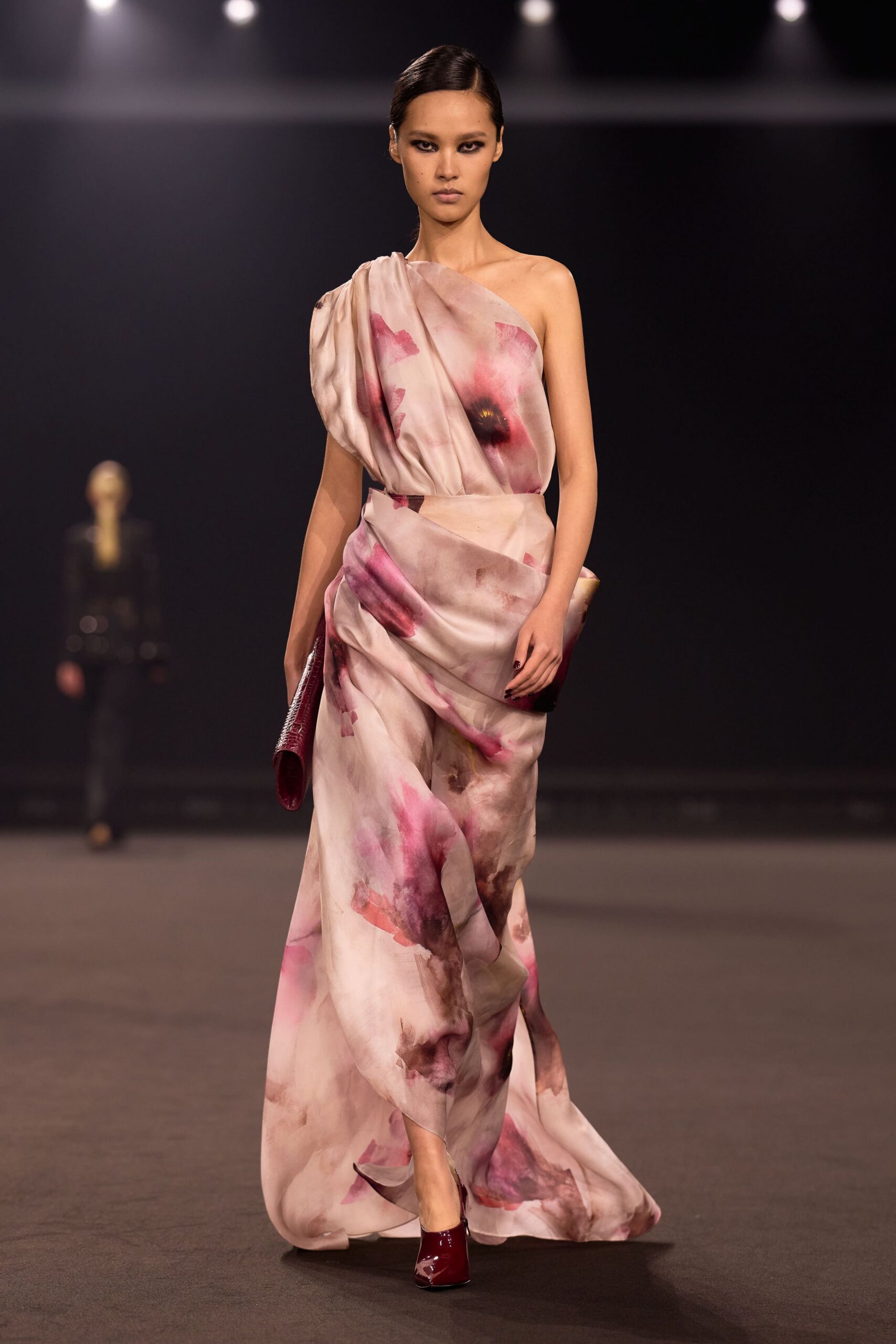 pink silk sleeveless asymmetric fitted draped flowing gown